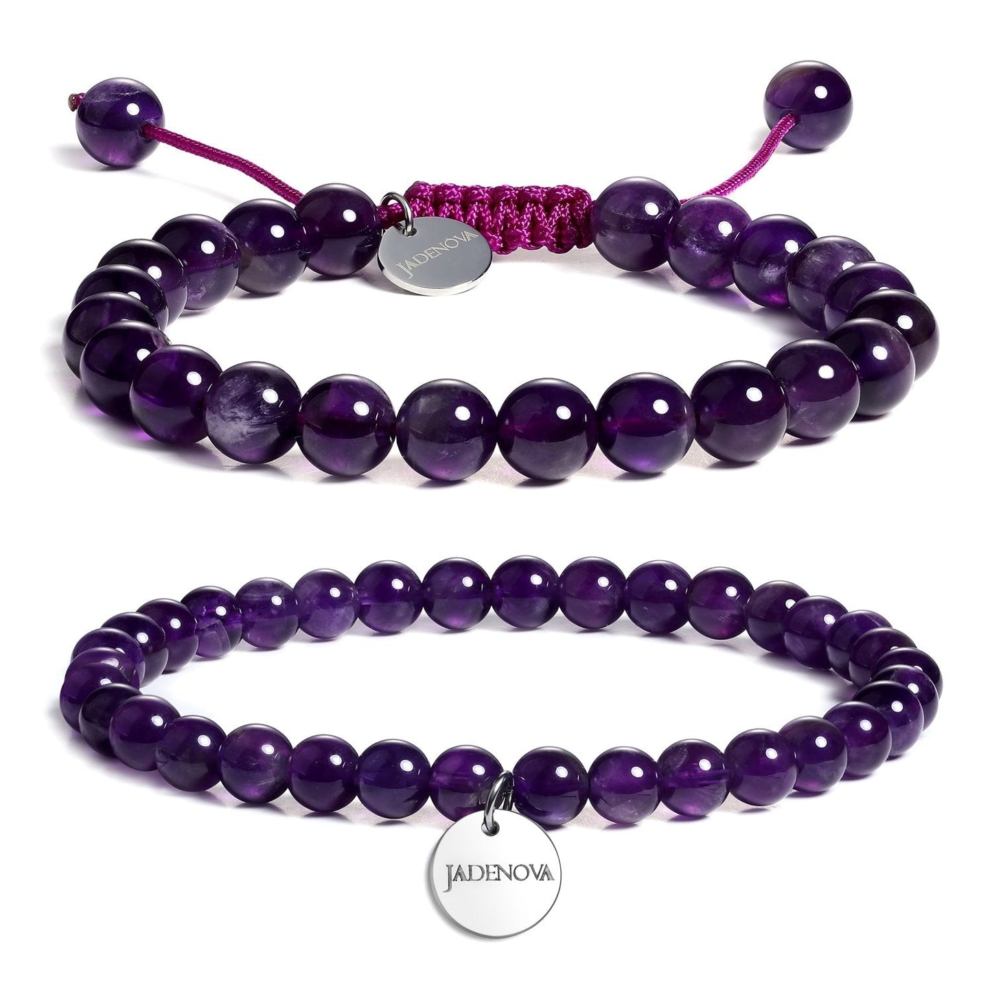JADENOVA 6/8mm Natural Amethyst Gemstone Bracelet Elastic Stretch Yoga Beaded Healing Crystal Bracelet Couples Gifts for Men Women (2pcs Set)