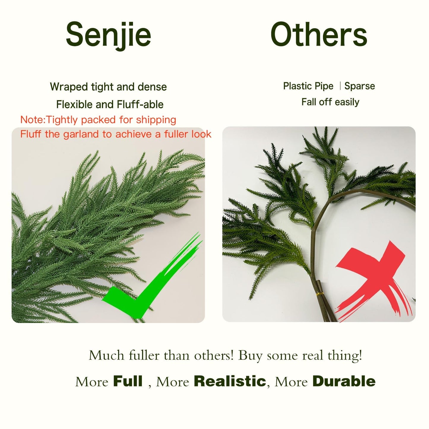 9FT Christmas Garland Norfolk Pine Garland Real Touch Artificial Greenery Garland for Mantle Fireplace Table Indoor Outdoor Holiday Decortions