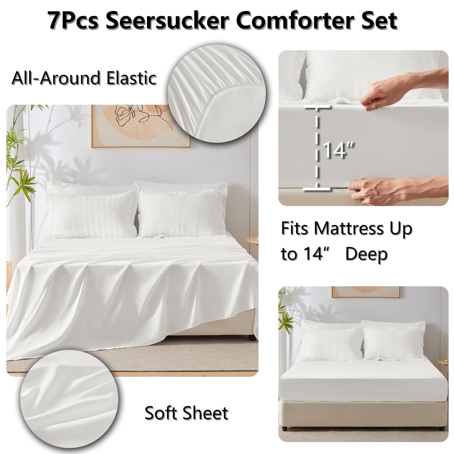 CozyLux Queen Comforter Set White Seersucker 7 Pieces Bed in a Bag Queen Comforter Set with Sheets, Luxury Soft Bedding Set with Down Alternative Comforter, Sheets, Pillowcases & Shams for All Seasons