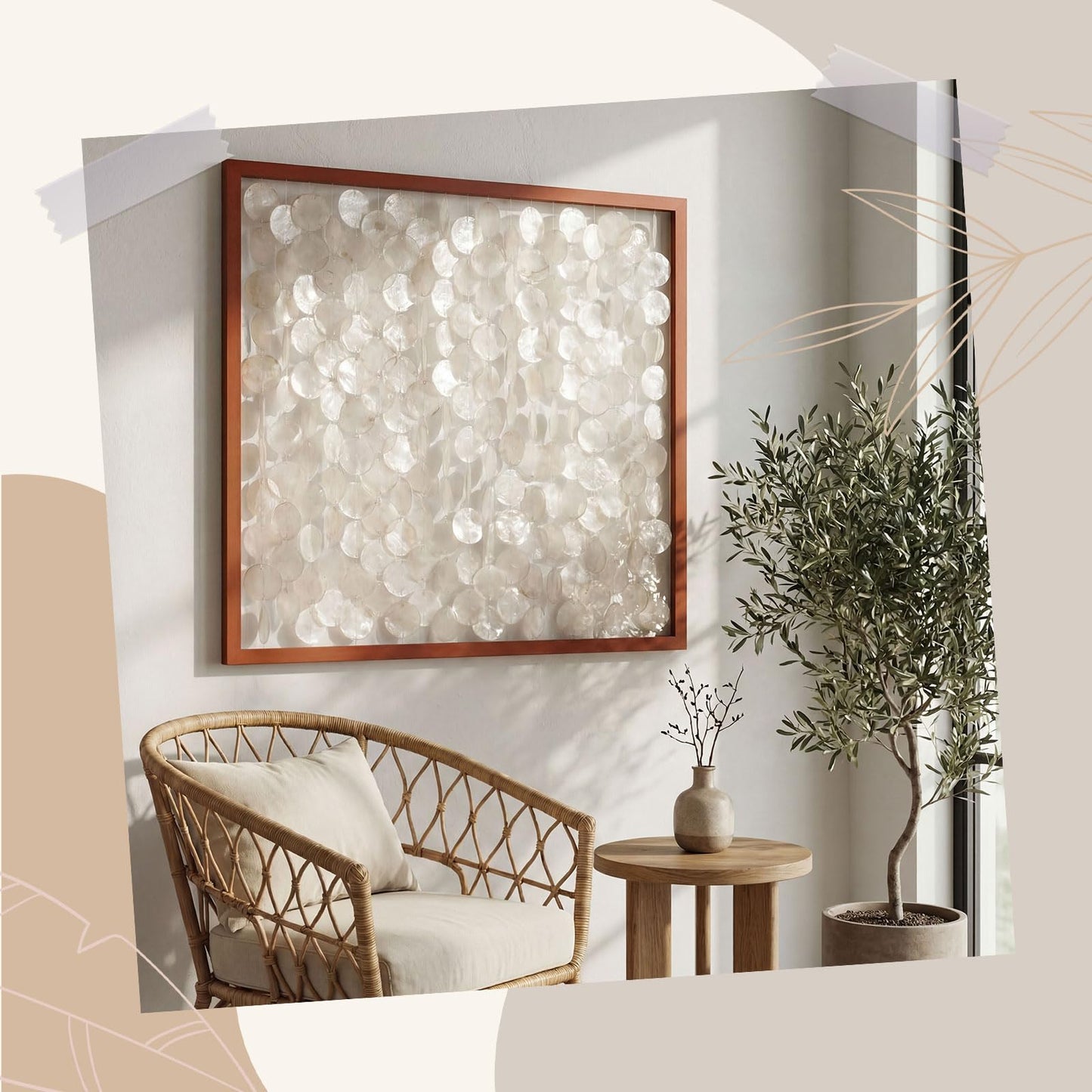 Yerliker 1 Pcs 24"x24" Capiz Shell Wall Decor Handmade Coastal Wall Art with Solid Wood Frame 3D Minimalist Natural Ocean Sea Shell Decor Frame Beach Nautical Art for Home Living Room Office Bedroom