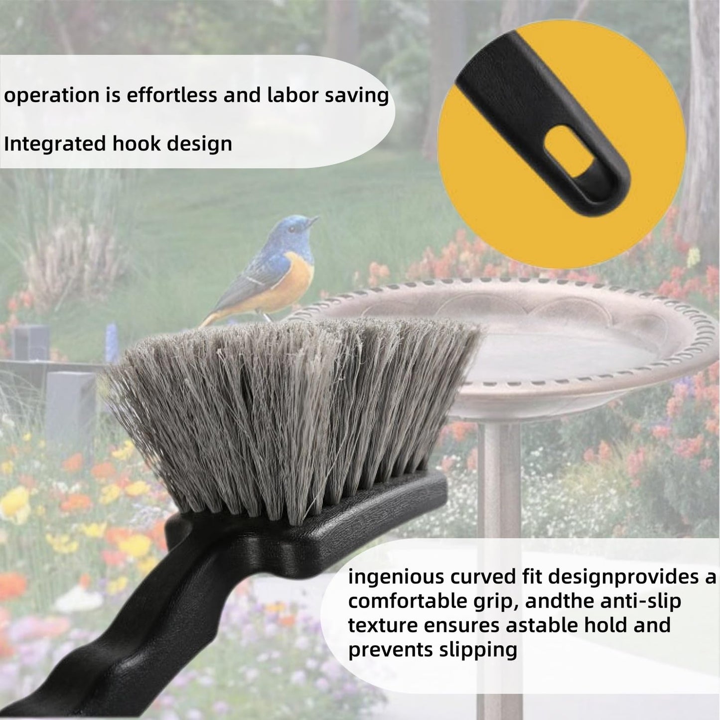 Bird Bath Brushes for Cleaning, Heavy Duty Outdoor Scrub Brush for Bird Feeders & Water Fountains, Concrete Fountain Cleaner Brush with Stiff Bristles, Safe for Birds, 9.44 Inch with Hanging Hole