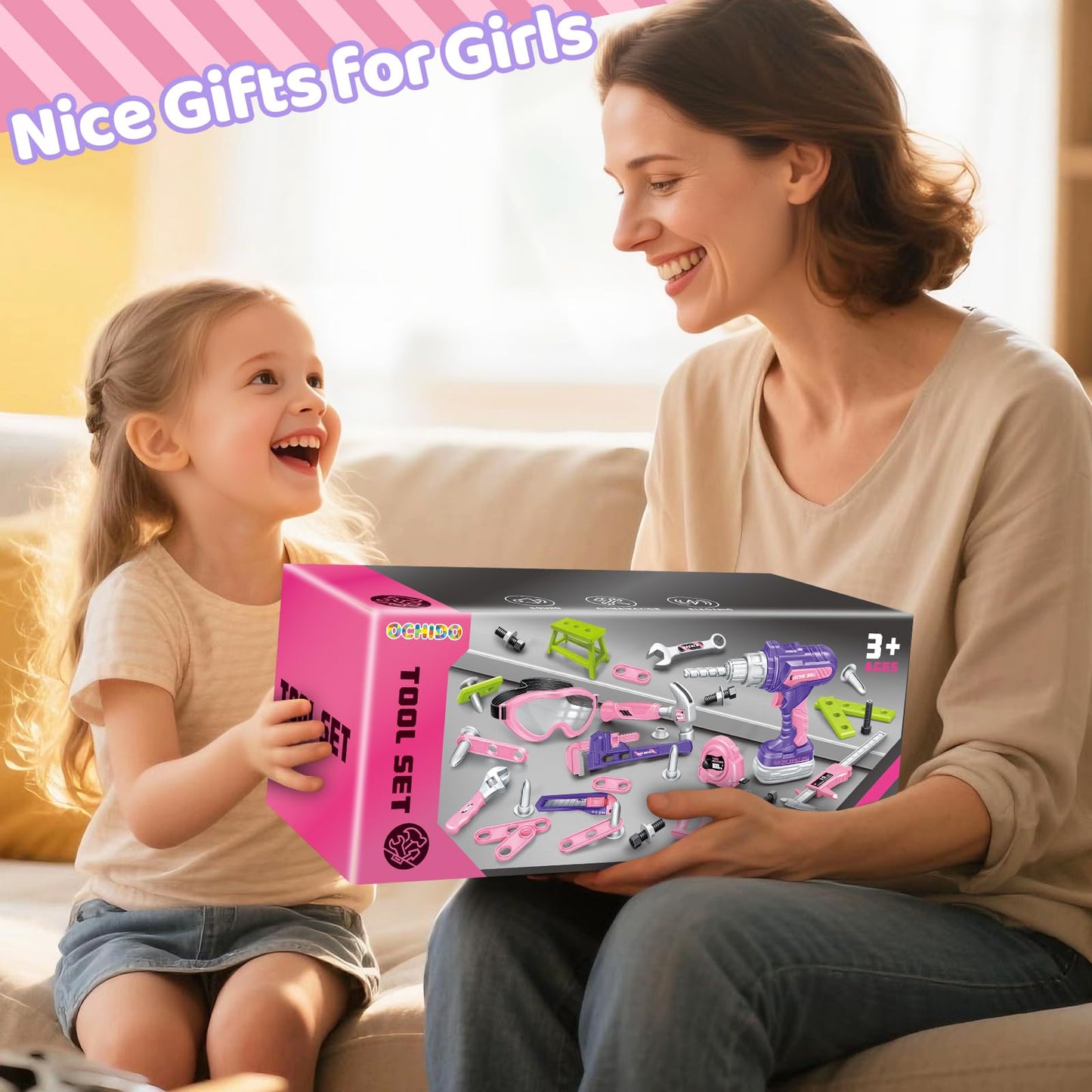 Kids Tool Set with Portable Tool Box & Electronic Toy Drill, Toddler Tool Set, Construction Tools for Kids Ages 3 4 5 6, 46 Pcs Tool kit for Christmas & Birthday Gifts for Girls