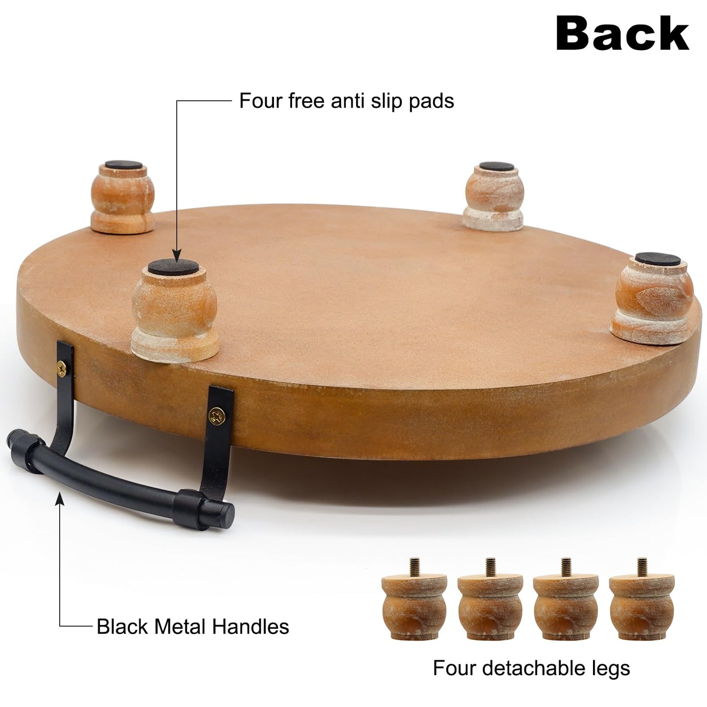 TOOLTENG Wooden Decorative Tray for Coffee Table, Round Wood Serving Tray with Metal Handles, 13 Inch Rustic Wood Trays for Tale Centerpiece, Home Kitchen Farmhouse Decor