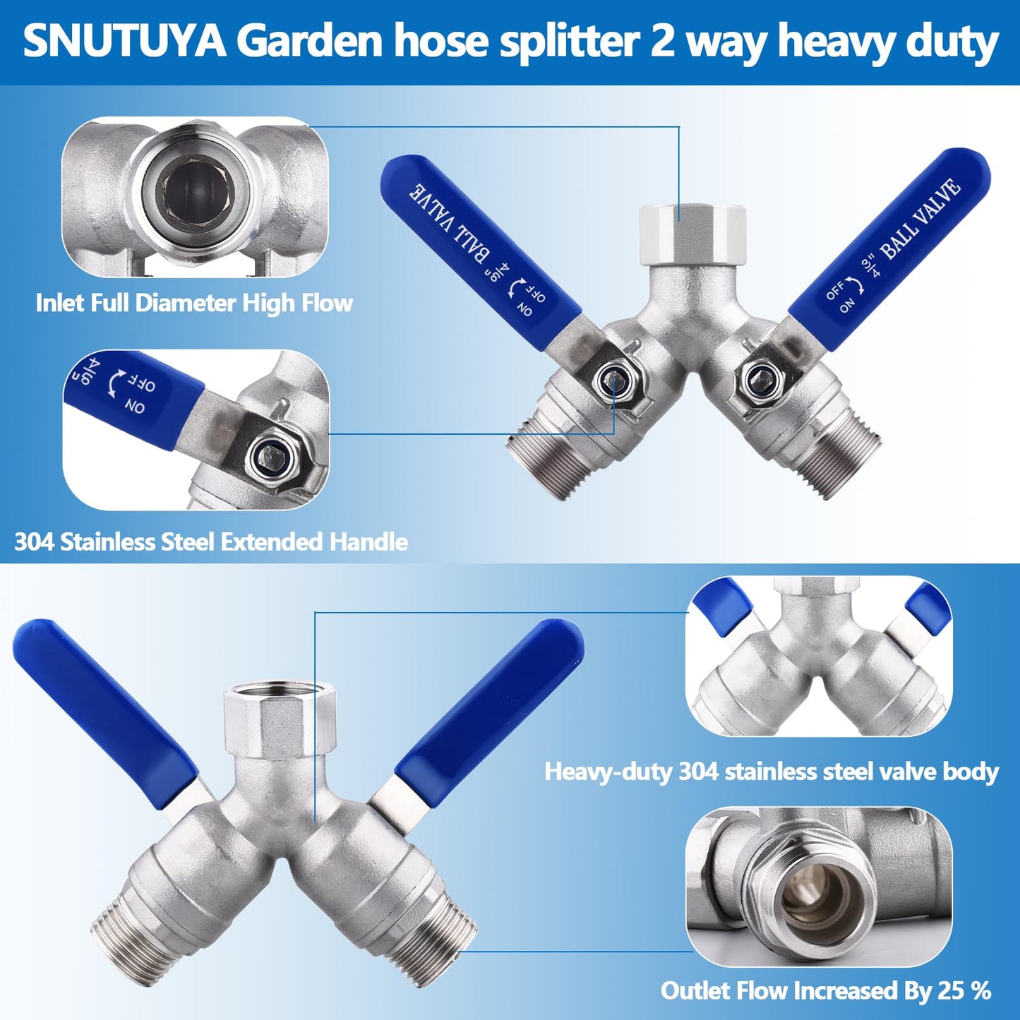 SNUTUYA 304 Stainless Steel Garden Hose Splitter 2 Way Heavy Duty, Full Flow Y Valve Water Hose Splitter With Long Handle, Lead-free，3/4" GHT Thread
