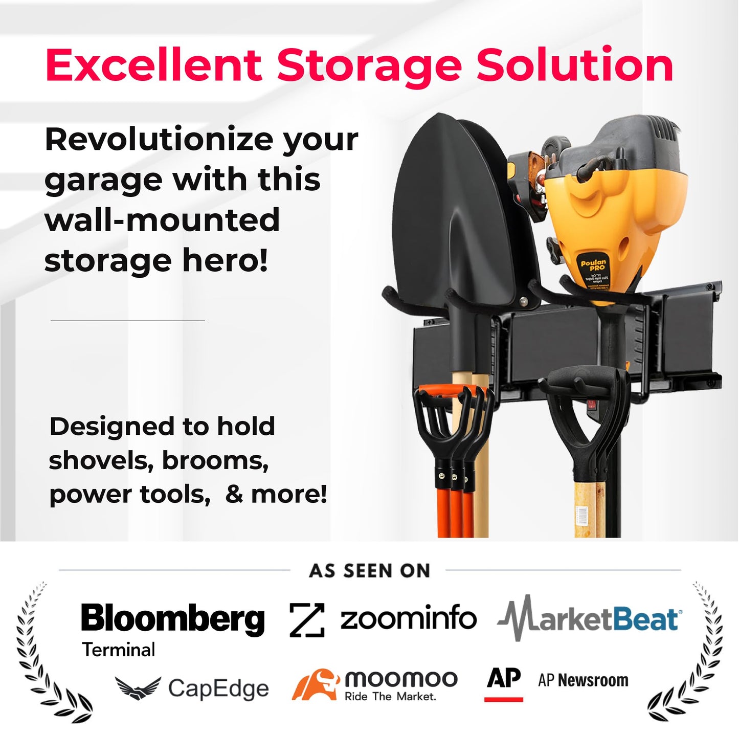 TIDYME Garage Wall Organizer | 48" Heavy-Duty Tool Storage Rack | Adjustable Double-Layer Hooks | 300 lbs Capacity | Carbon Steel Wall Mount Holder for Shovels, Rakes, Ladders & Power Tools