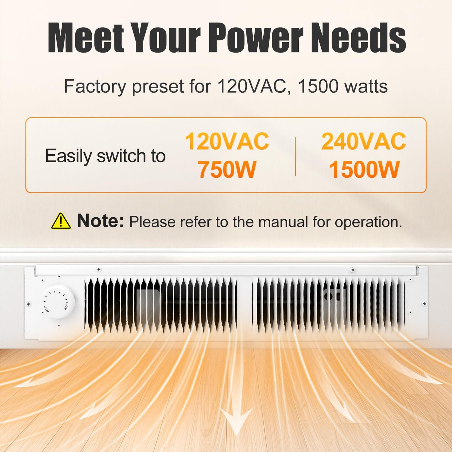 Model 112 Electric kickspace heater with built-in thermostat, 1500W toe kick heater, suitable for cabinet, vanity, and stairwell kick spaces, white