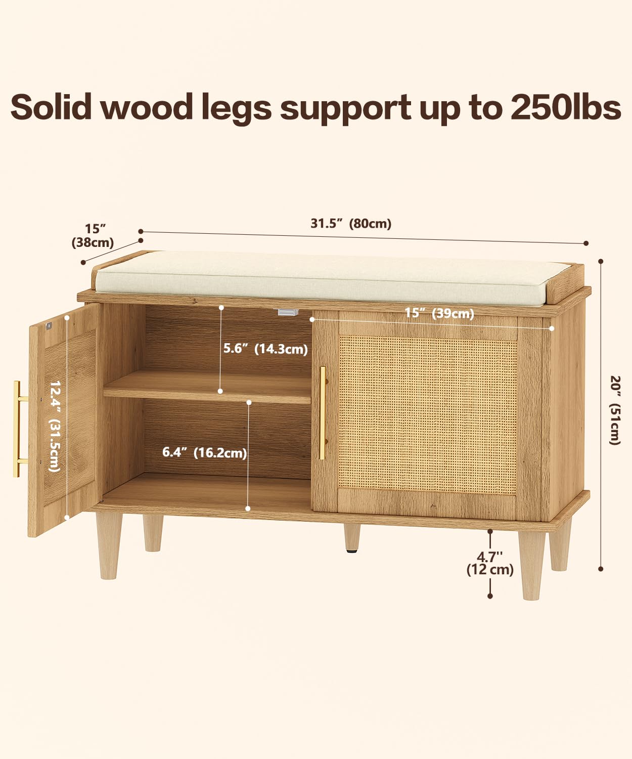 Akxomel Rattan Shoe Storage Bench with Cushion, 2-Tier Entryway Bench with Adjustable Shelves and 2 Doors, 15" D x 31.5" W x 20" H, Solid Wood Legs, for Hallway, Living Room, Bedroom, Natural Oak