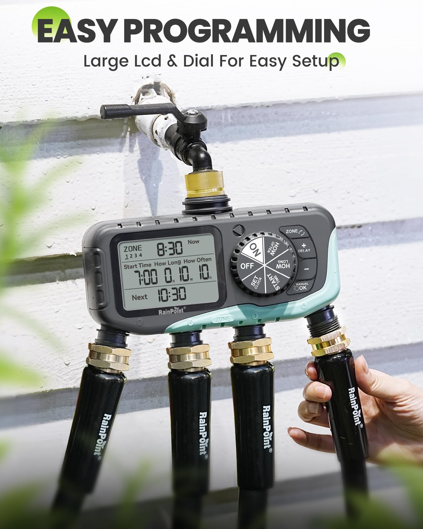 RAINPOINT Sprinkler Timer 4 Zone, Water Timer for Garden Hose, for Soaker Hose with Rain Delay/Manual/Automatic Watering System, Digital Irrigation for Yard, Lawn Brass Inlet