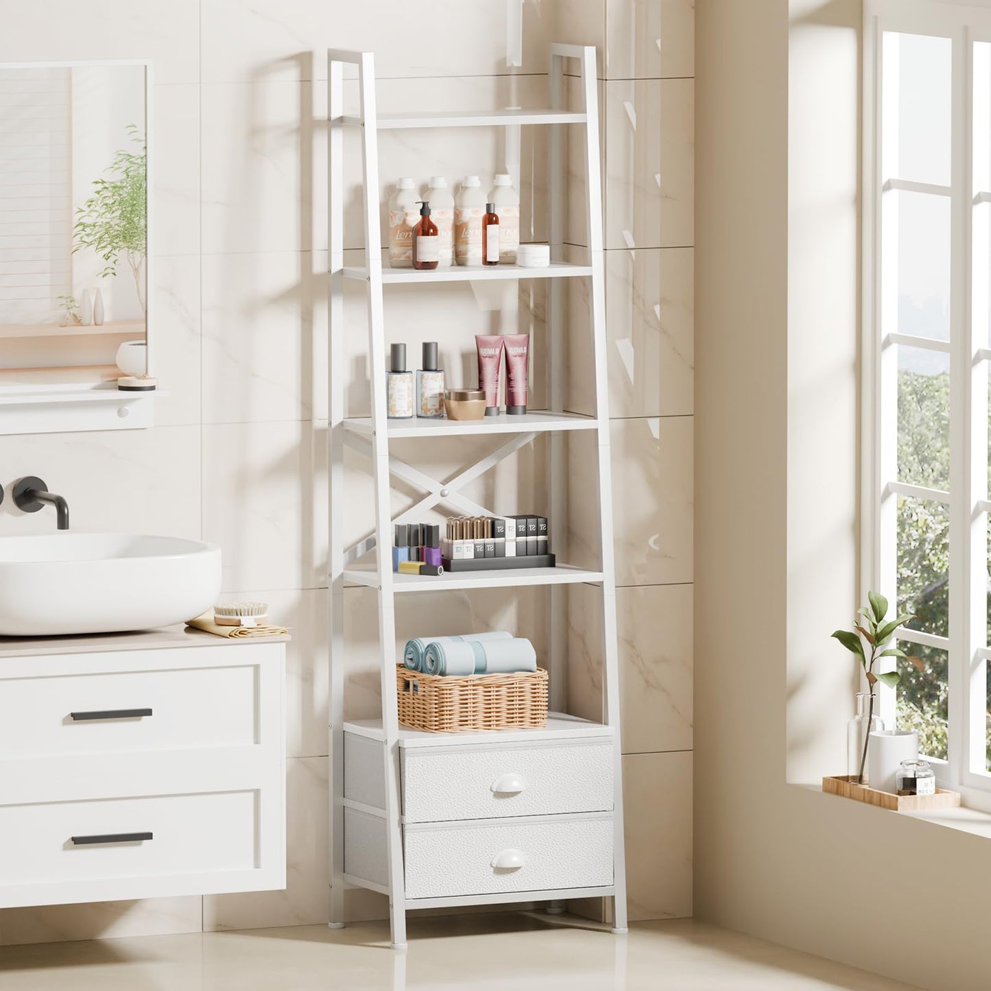 Furologee 5-Tier Ladder Shelf with 2 Drawers,Narrow Bookshelf Storage Shelves,Industrial Bookcase Freestanding Rack Units for Bedroom,Living Room,Bathroom,Home Office,Balcony,Wood Metal, White