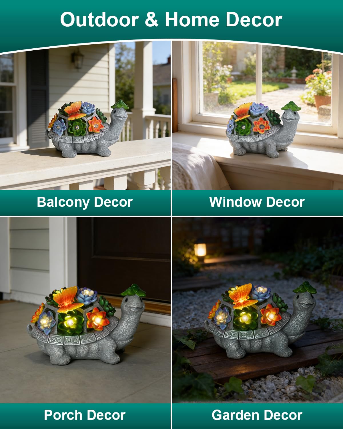 VMANYFIRE Solar Turtle Garden Statue with Butterfly, Succulent & LED Lights, Lawn Ornament for Yard Patio Porch Balcony, Outdoor Decor Figurine - Gifts for Mom Grandma Women