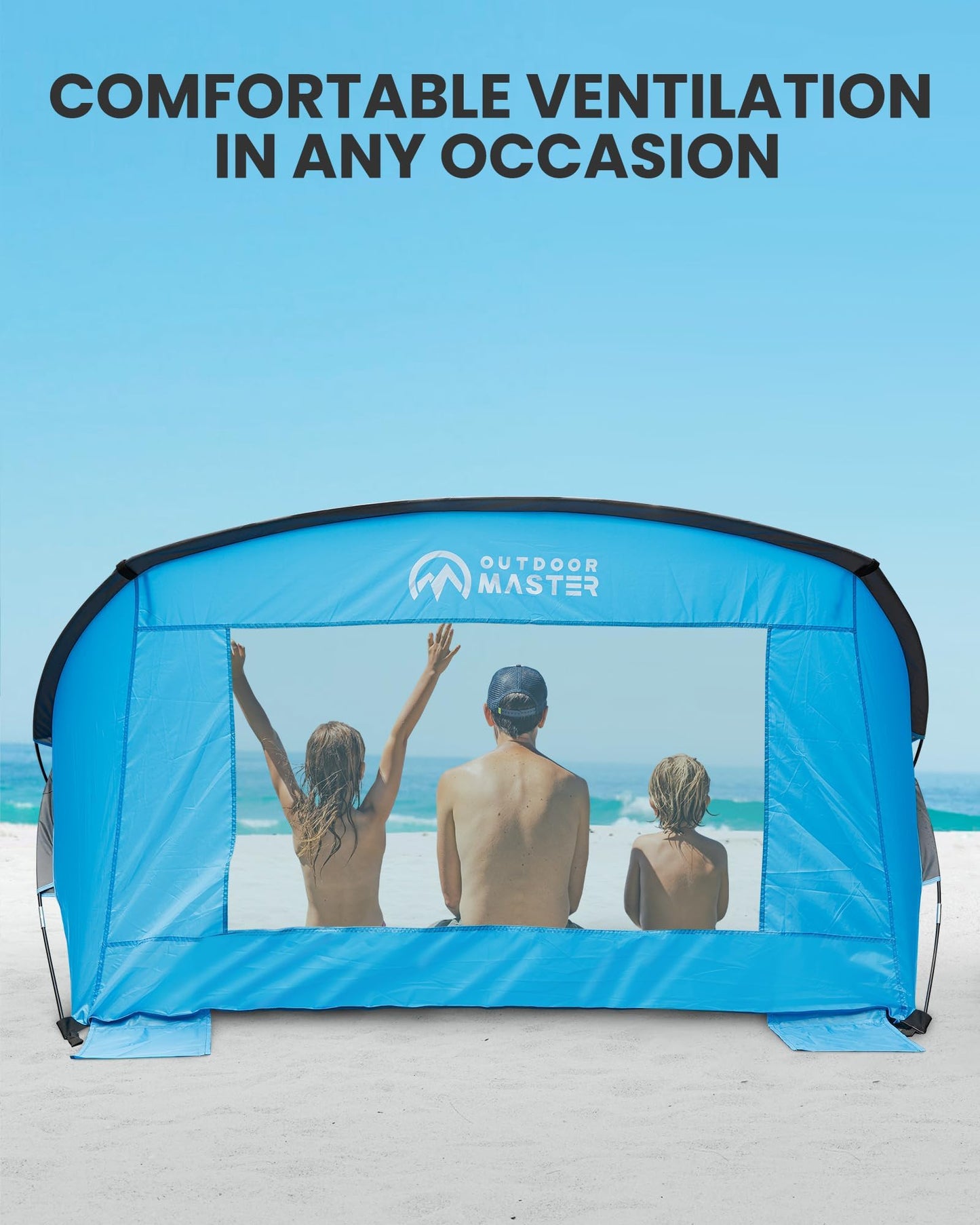 OutdoorMaster Updated Beach Tent for 3-4 Person - Easy Setup and Portable Beach Shade Sun Shelter Canopy with UPF 50+ UV Protection Removable Skylight Family Size -Sky Blue