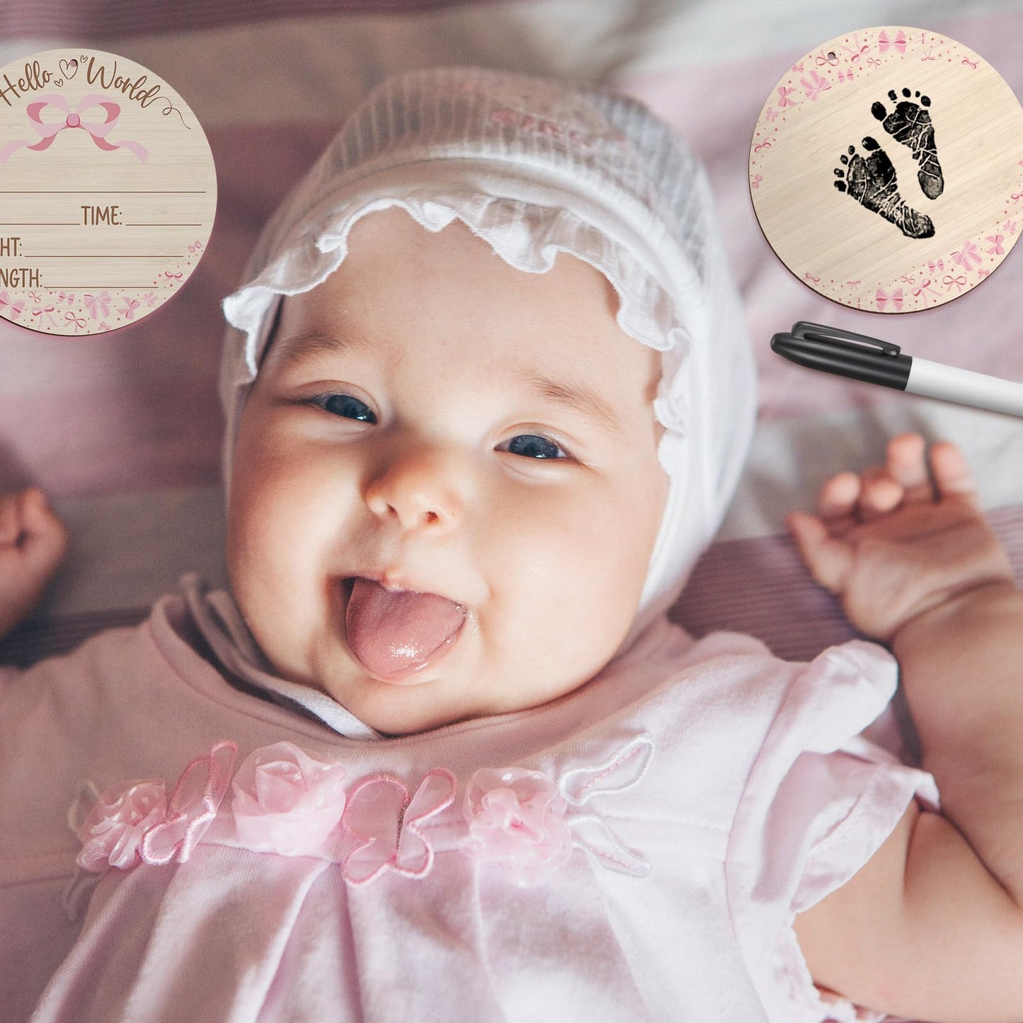 Thyle Baby Announcement Wooden Name Sign for Hospital Birth Double Sided Newborn Welcome Sign with Marker Pen and Ink Pad for Baby Shower Hand Footprints (Pink Bow)