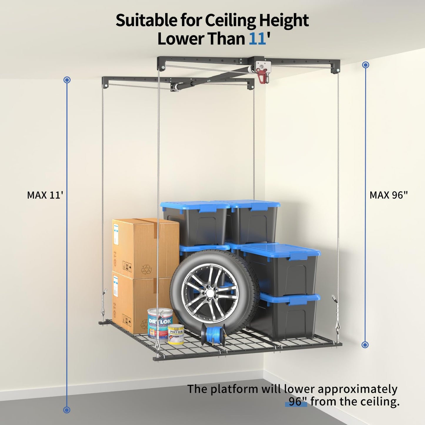 KOKORACKER Overhead Garage Storage Lift, Adjustable Heavy-duty 4x4 Ft Ceiling Racks with Safety Lock, Ideal for Storage Lifting Organization System, 250lbs Capacity