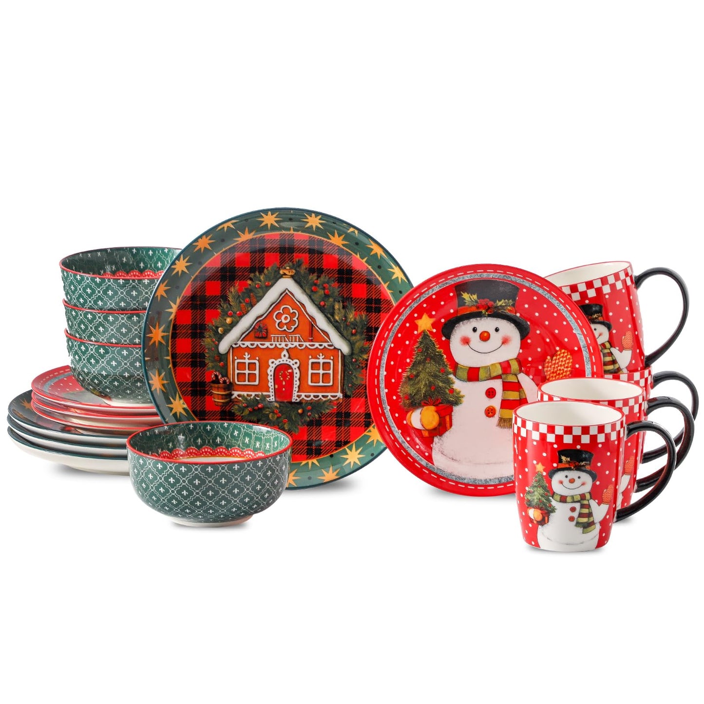 Hasense Dinnerware Set of 4, Ceramic Holiday Plates and Bowls Sets with Mugs, 16 Pieces Chip & Scratch Resistant Serving Dishes for Party Everday Use, Microwave and Dishwasher Safe