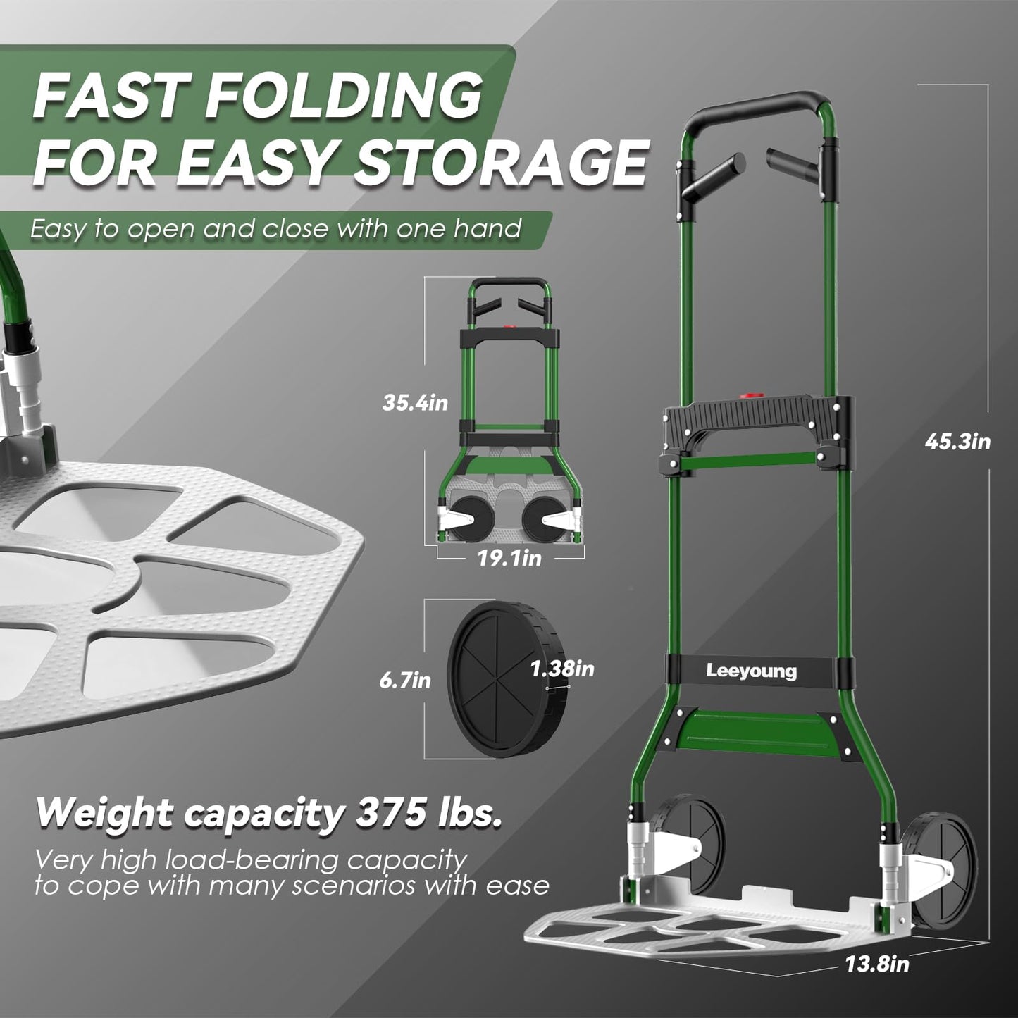 LEEYOUNG Upgraded Folding Hand Truck Dolly Cart Heavy-Duty 375lb，Aluminum Wheel Bracket & Portable Aluminum Dolly Cart, Indoor/Outdoor Use