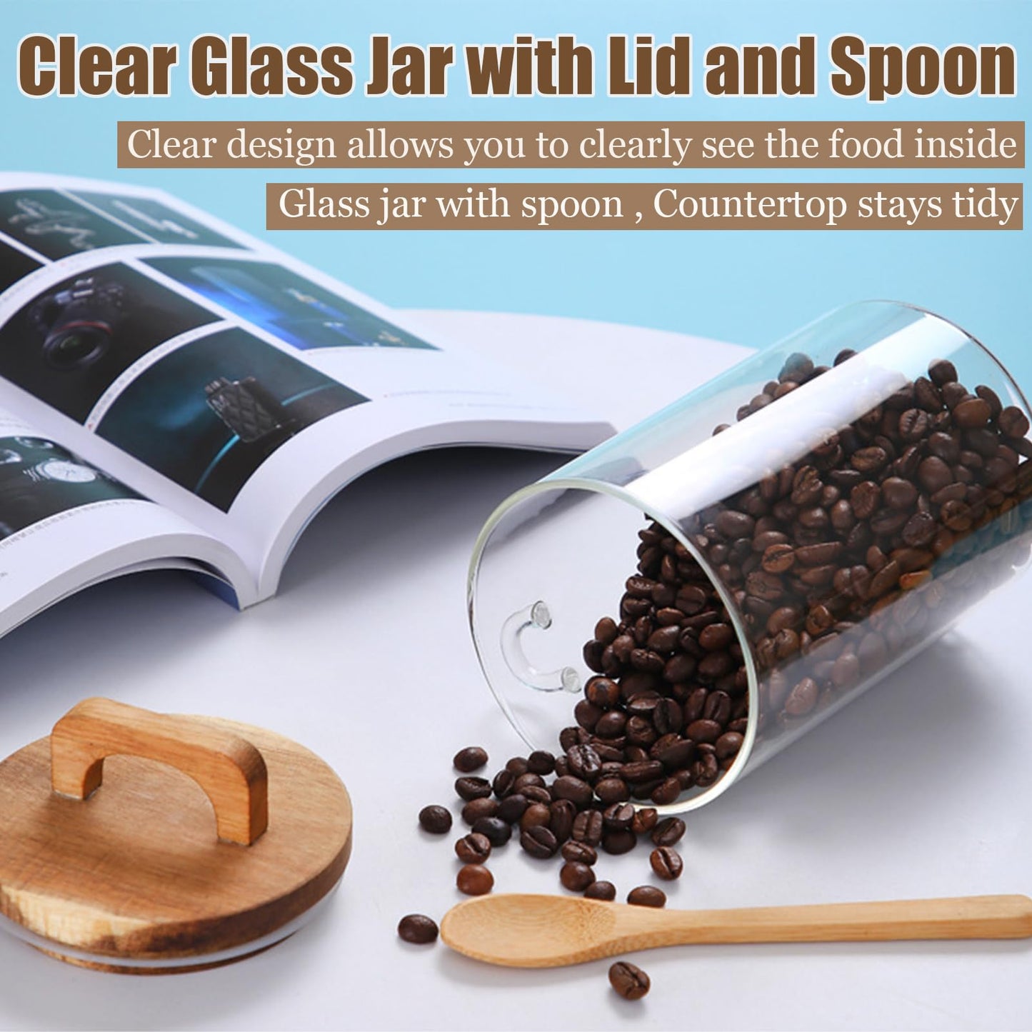Coriario 24 OZ Glass Jar with Wooden Lid and Spoon Airtight Glass Candy Jars Wide Mouth Clear Glass Coffee Storage Canister Handle Lids for Food Sugar Cookie Tea Decorative