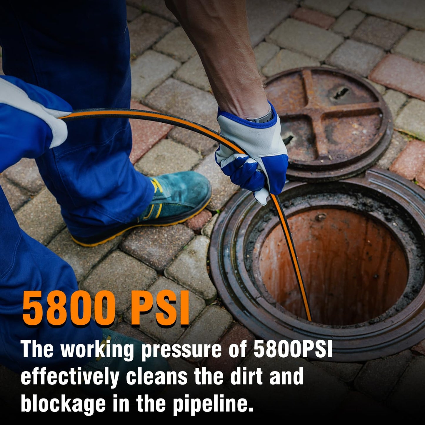 50FT Sewer Jetter Kit for Pressure Washer, 1/4" NPT Corner Drain Cleaner Hose 5800 PSI with Sewer Jetting Nozzles, Pearl Corsage Pin, Waterproof Tape, Extension Cord Organizer&2 Spanner