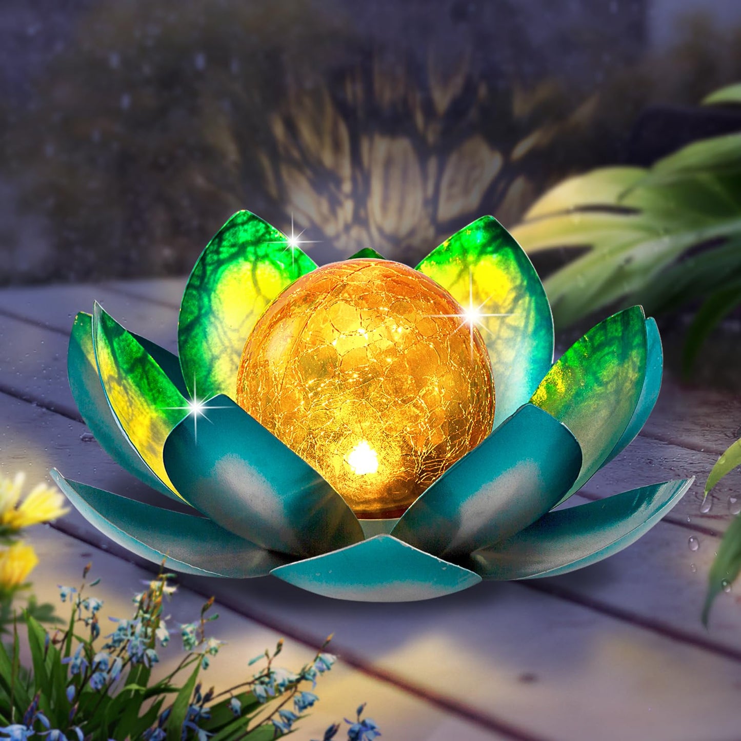 AIINY Solar Light Outdoor(2Pack), Art Crackle Globe Glass Lotus Decoration, Solar LED Waterproof Blue Metal Flower Lights for Patio,Lawn,Walkway,Tabletop