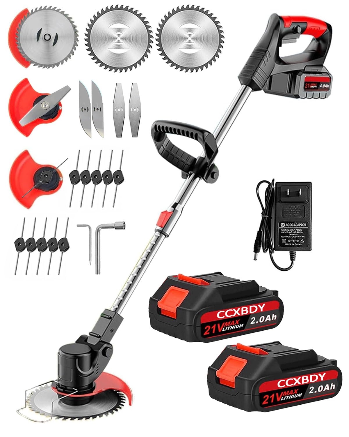 Electric Weed Wacker Cordless, 21V Electric Weed Cordless Eater Battery Powered with 2Pcs 4.0Ah Batteries, 4 in 1 Stringless Grass Trimmer/Edger/Brush Cutter for Lawn Yard Garden