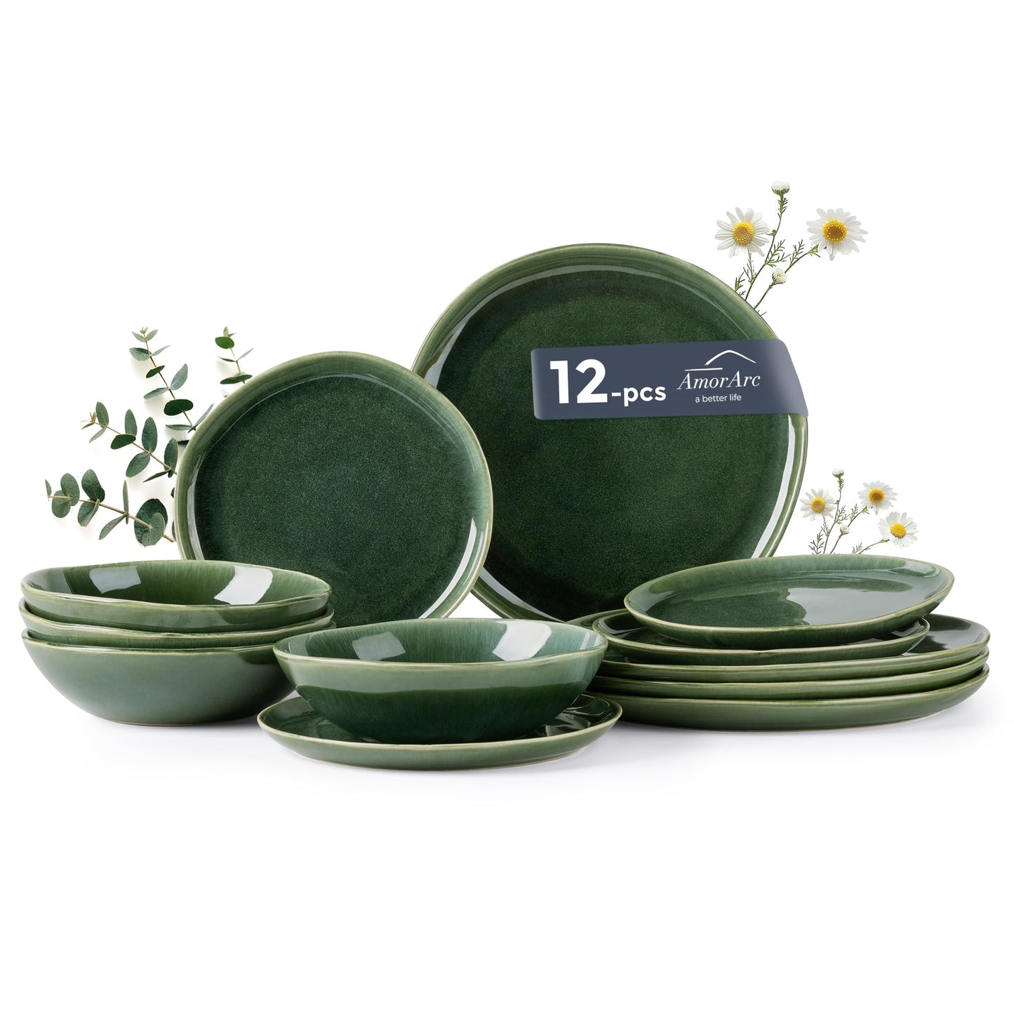AmorArc Ceramic Dinnerware Sets,Handmade Reactive Glaze Stoneware Plates and Bowls Sets,Highly Scratch Resistant | Dishwasher & Microwave Safe Dishes Set,Service for 4 (12pc)