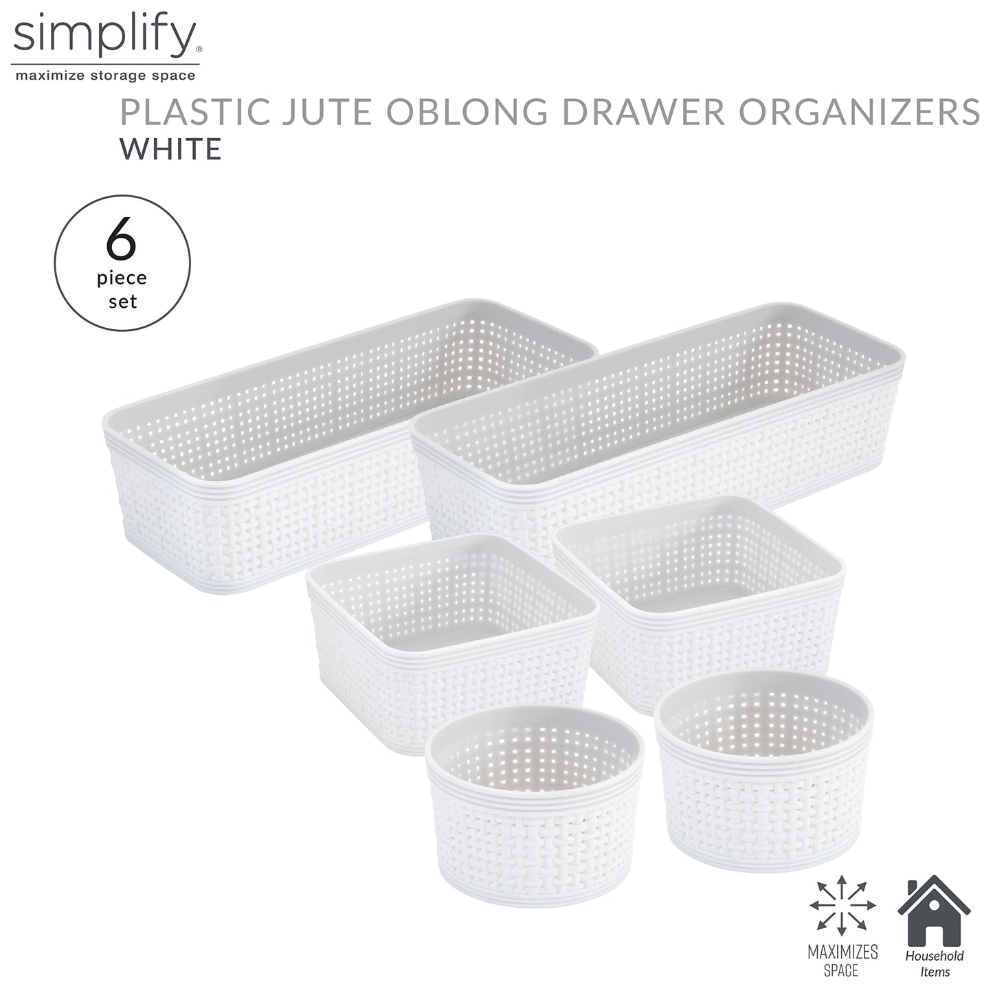 Simplify 6 Piece Organizing Set | Multiple Size Bins | Multipurpose | Office | Desk | Dorm | Bathroom | Storage Basket | Small Items | Accessories | White