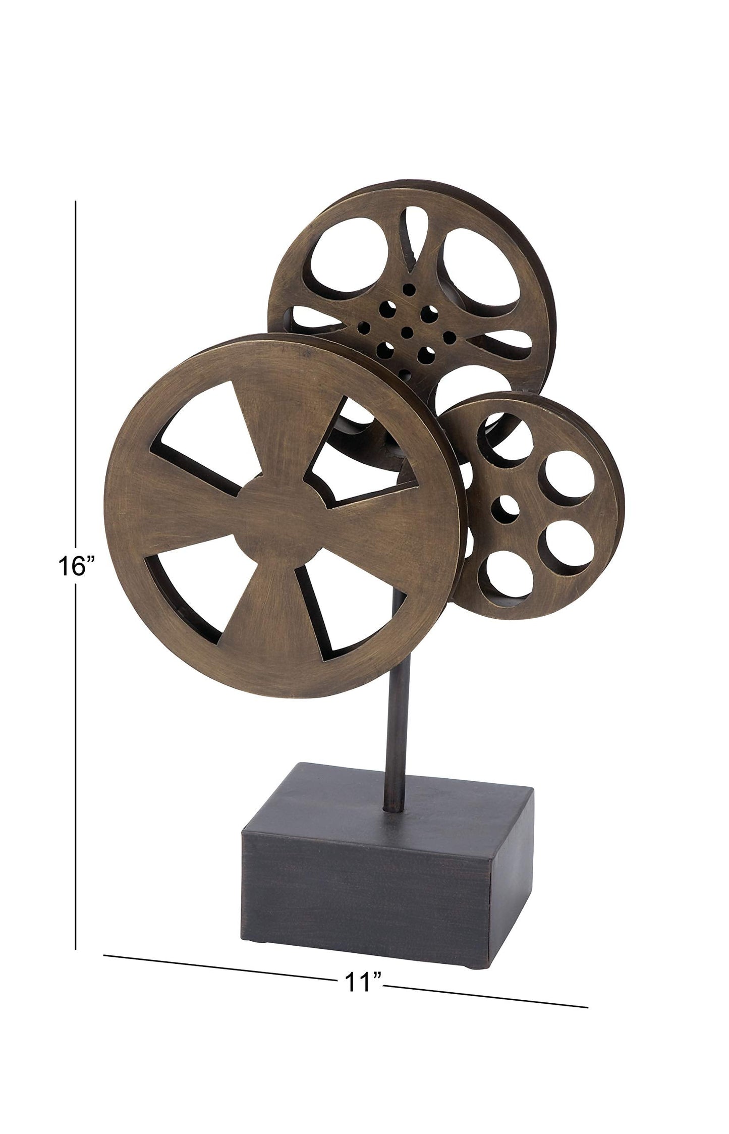 Deco 79 Metal Film Decorative Sculpture Reel Home Decor Statue with Elevated Block Base, Accent Figurine 11" x 5" x 16", Bronze