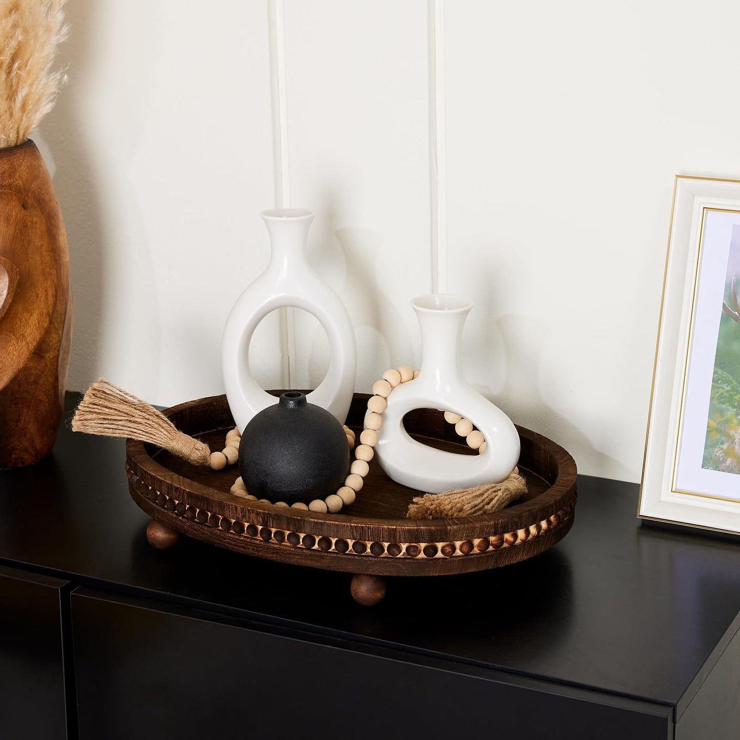 Wooden Decorative Tray-16×11.8in Wood Beaded Coffee Table Decor Tray, Rustic Farmhouse Decor Tray for Living Room, Bathroom, Kitchen Dining Table, Serving Tray Home Decor
