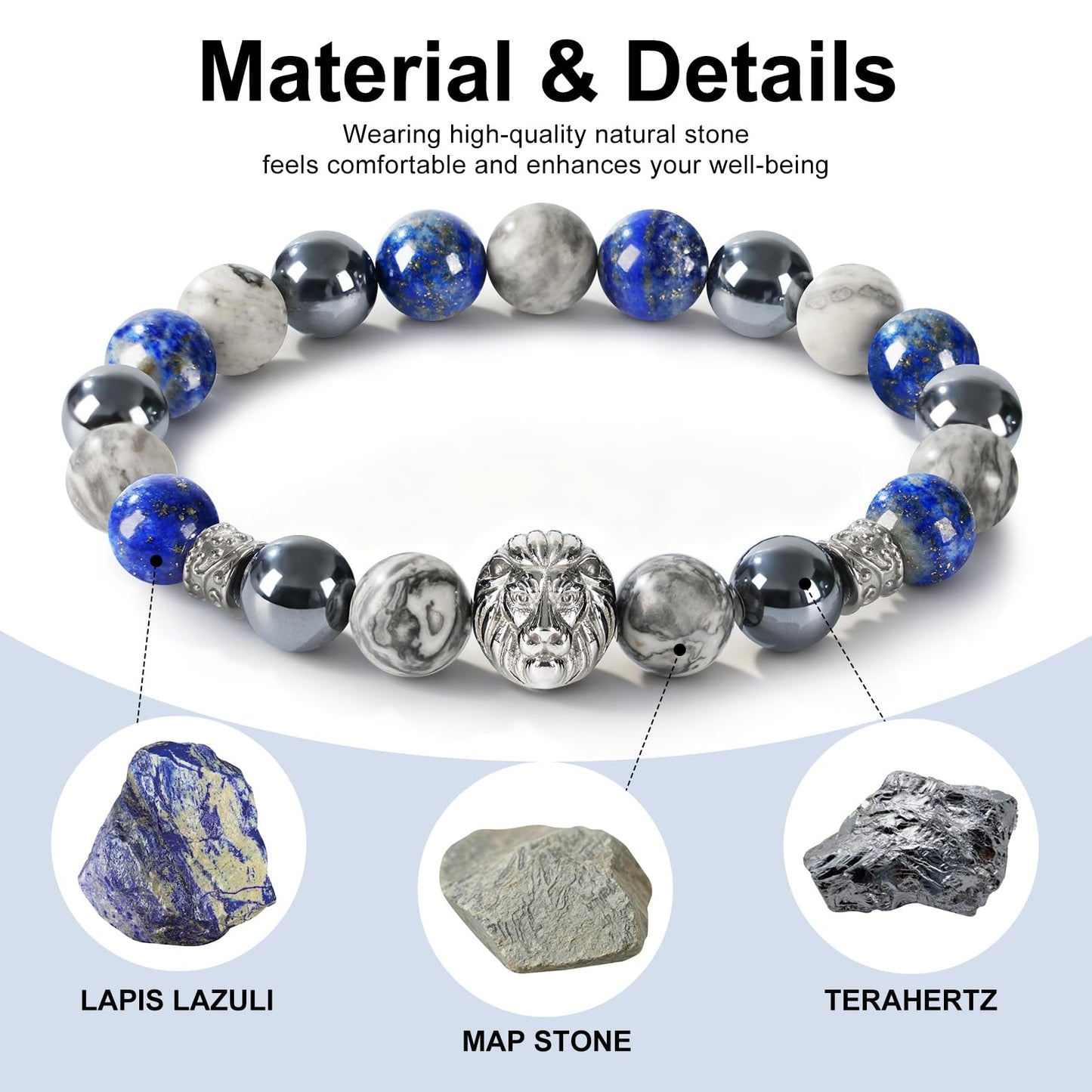Lapis Lazuli Bracelet for Men, 10mm Elastic Adjustable Bead Bracelet, Terahertz, Lapis Lazuli, Map Stone Natural Gemstone Bracelet, Perfect for Anniversary, Christmas,Thanksgiving Gifts, Men's Jewelry Accessories.