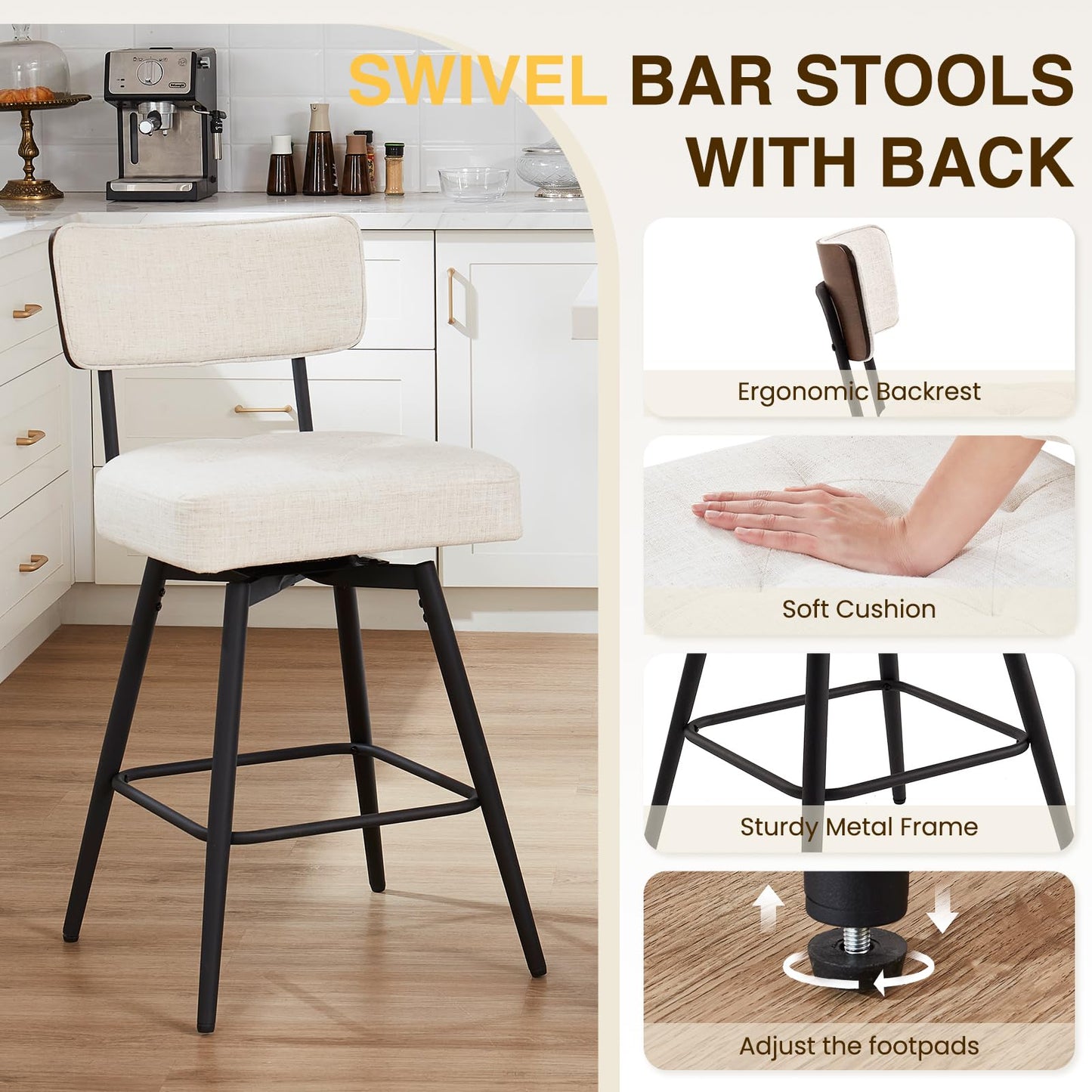 kinmars Bar Stools Set of 4, Counter Height Bar Stools, Modern Counter Stools with Metal Legs, for Kitchen Island Dining Room Bar