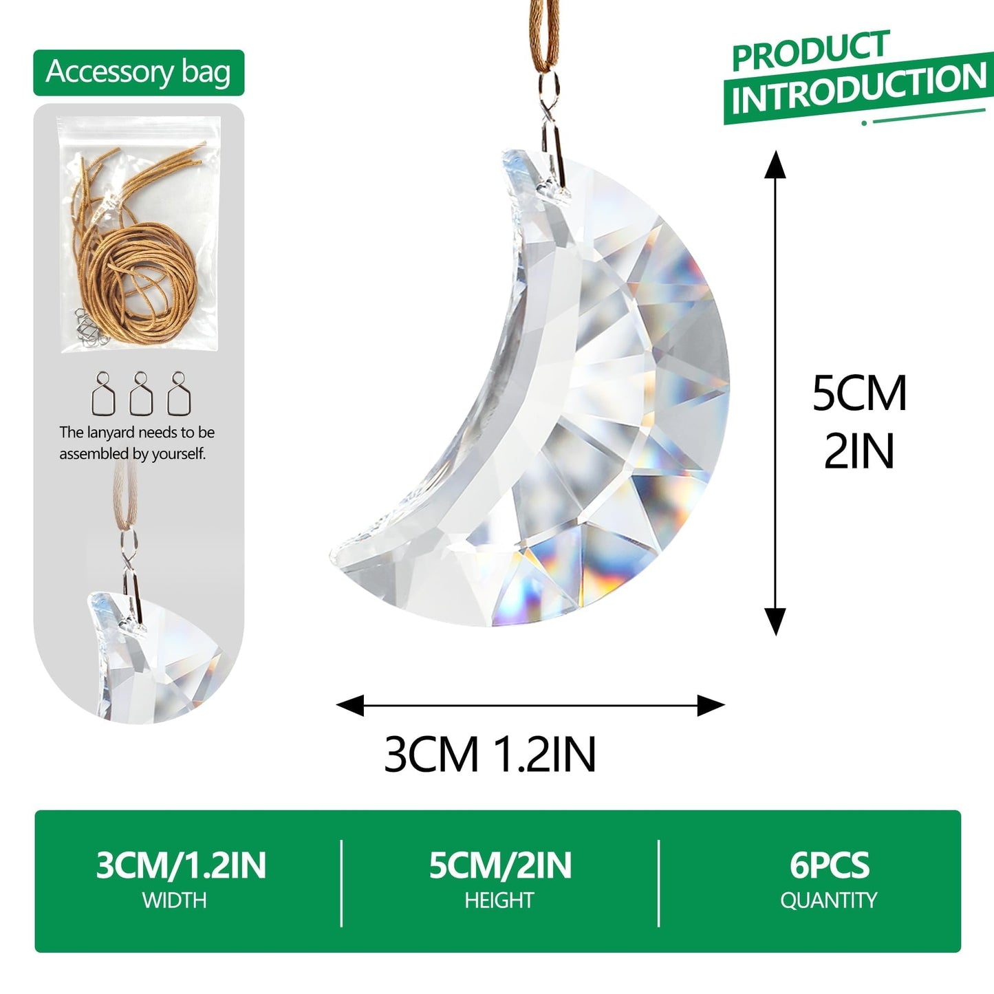 LOULIQIGIFT 1.9in Clear Faceted Crystal Moon Prisms Ornaments Glass Hanging Crystals Crescent Moon Tree Ornaments for Window Home Car Wedding Party Mother's Day Decoration (Set of 6)
