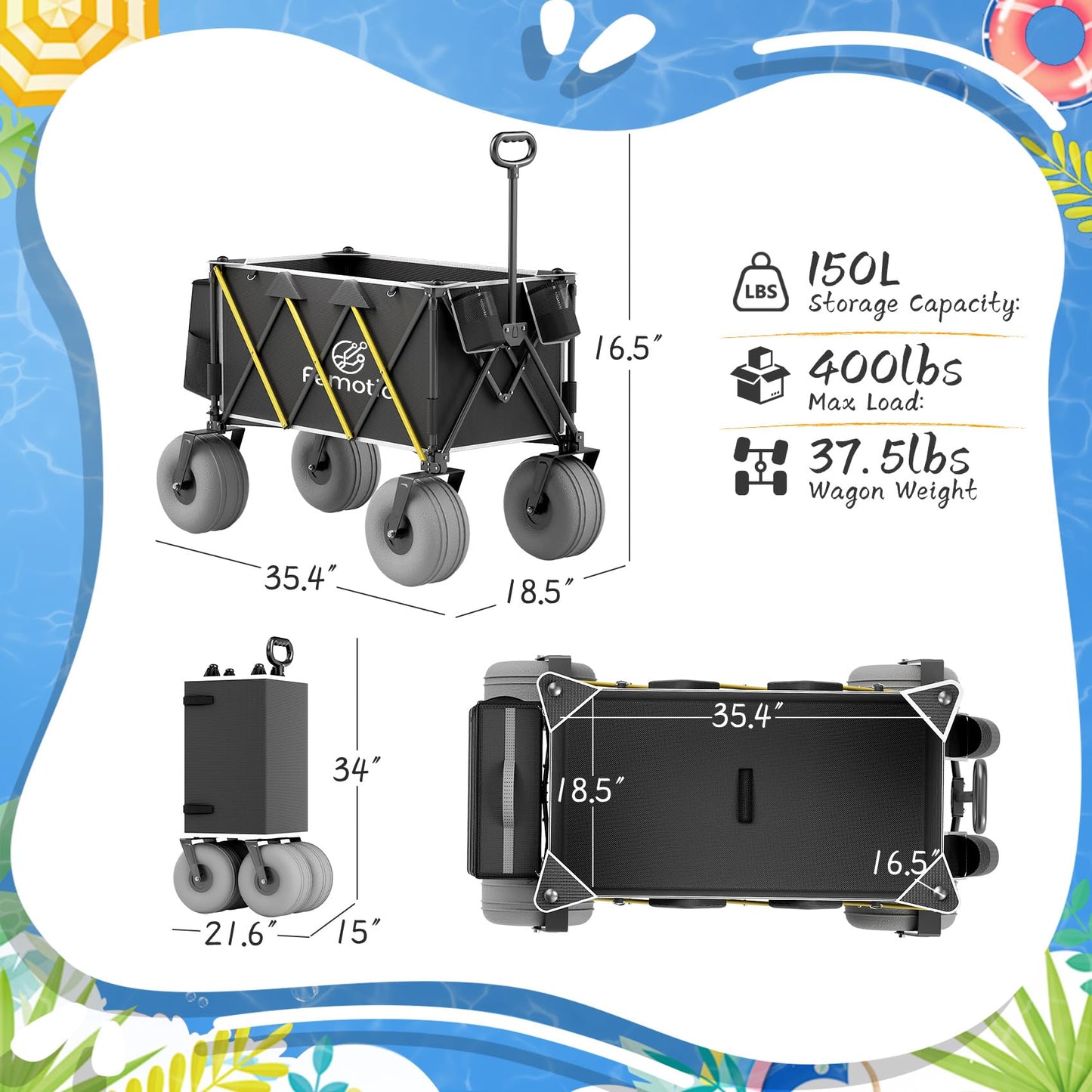 Beach Wagon with Big Wheels for Sand, 10.5" TPU All-Terrain Wheels, Heavy Duty Folding Wagon, 150L Capacity, Adjustable Handle, Collapsible Utility Cart for Beach, Camping, Garden & Outdoor Sports