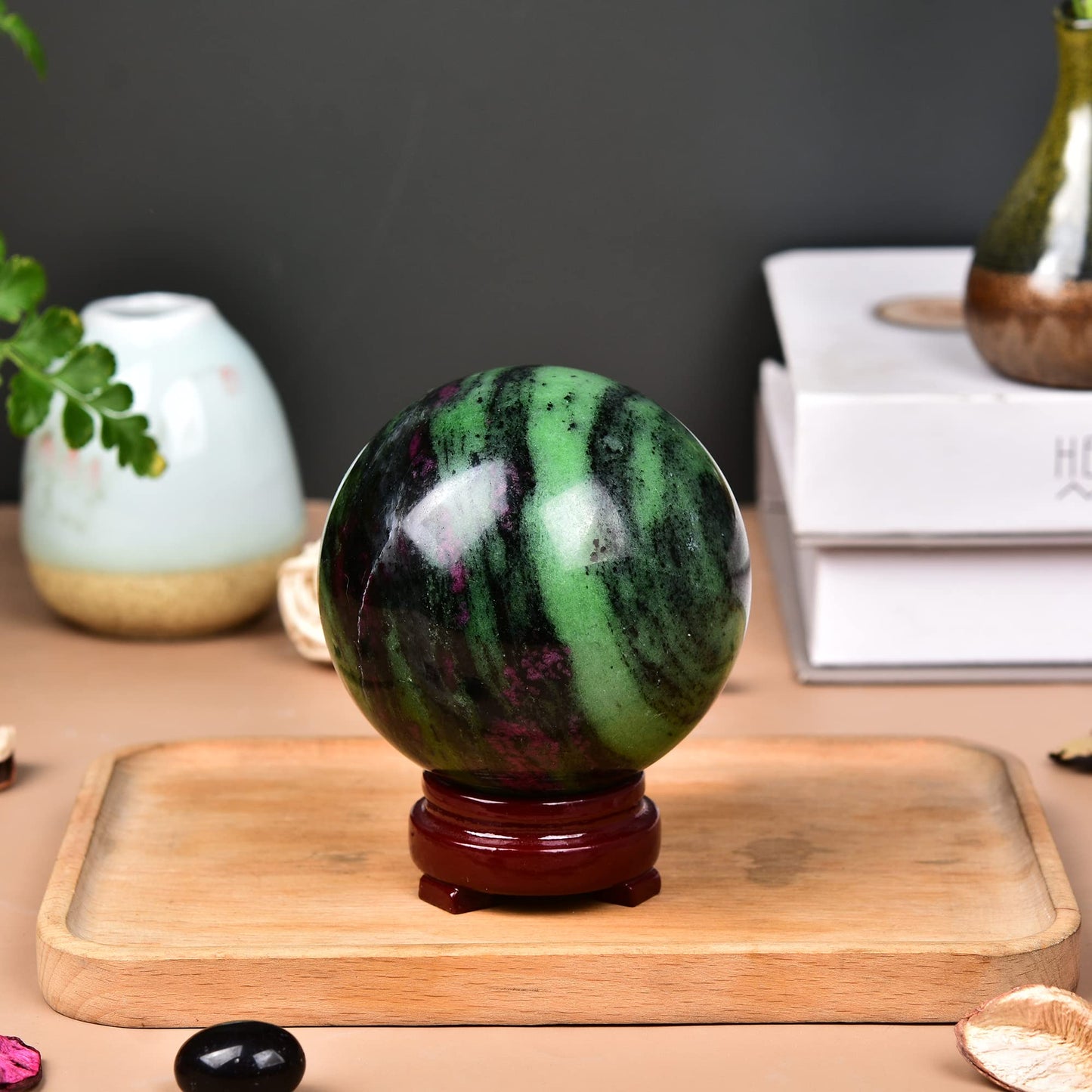 JIC Gem Small Red&Green Treasure Crystal Sphere Ball Natural Ruby Zoisite Healing Crystal Ball with Decoative Stand for Fengshui Meditation Decoation (50-60mm)