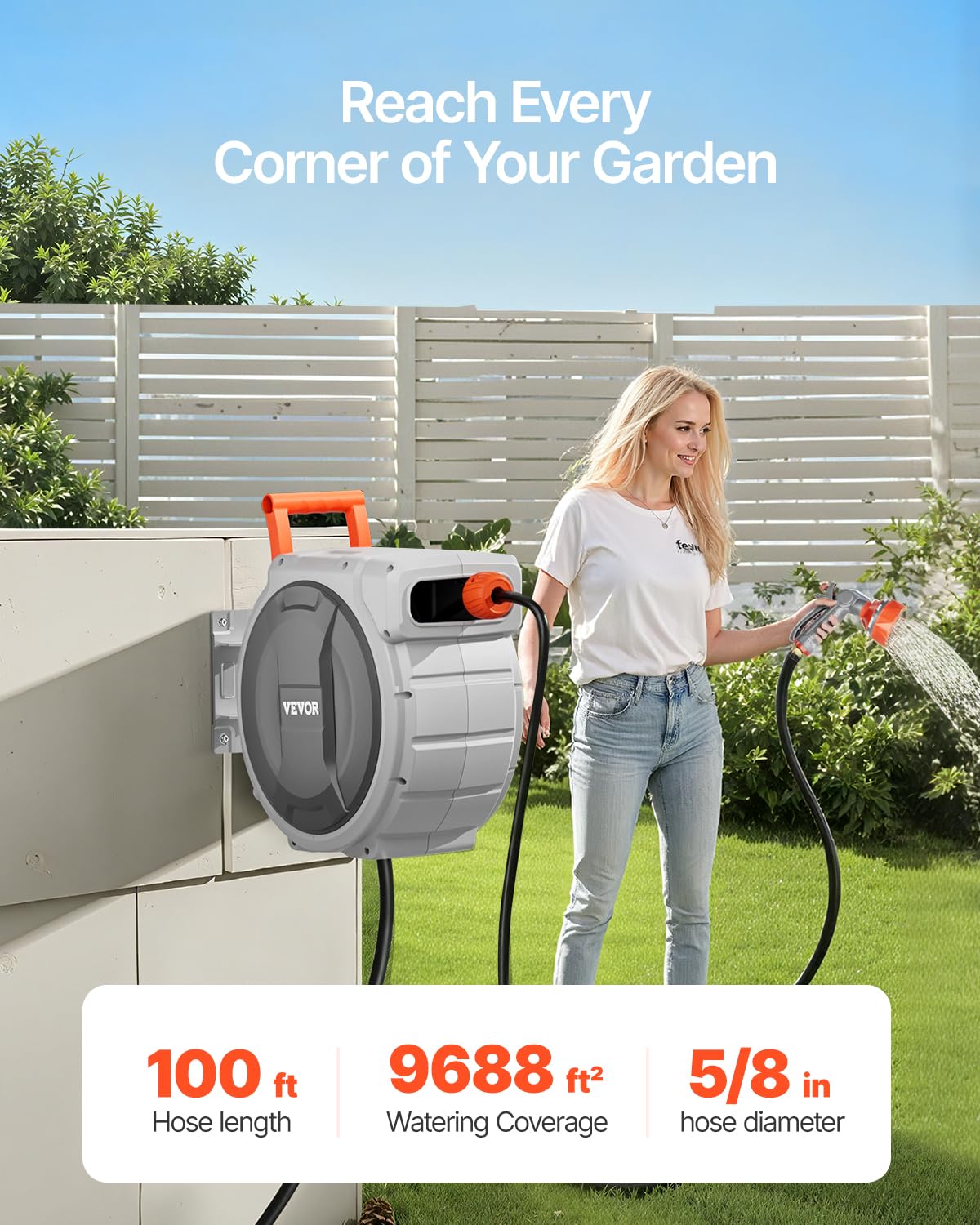 VEVOR Retractable Garden Hose Reel, 5/8 Inch x 100 ft Wall Mounted Hose Reel, Heavy Duty Garden Hose Reel with 9 Patterns Nozzle, Any Length Lock, Upgraded Slow Return System and 180°Swivel Bracket
