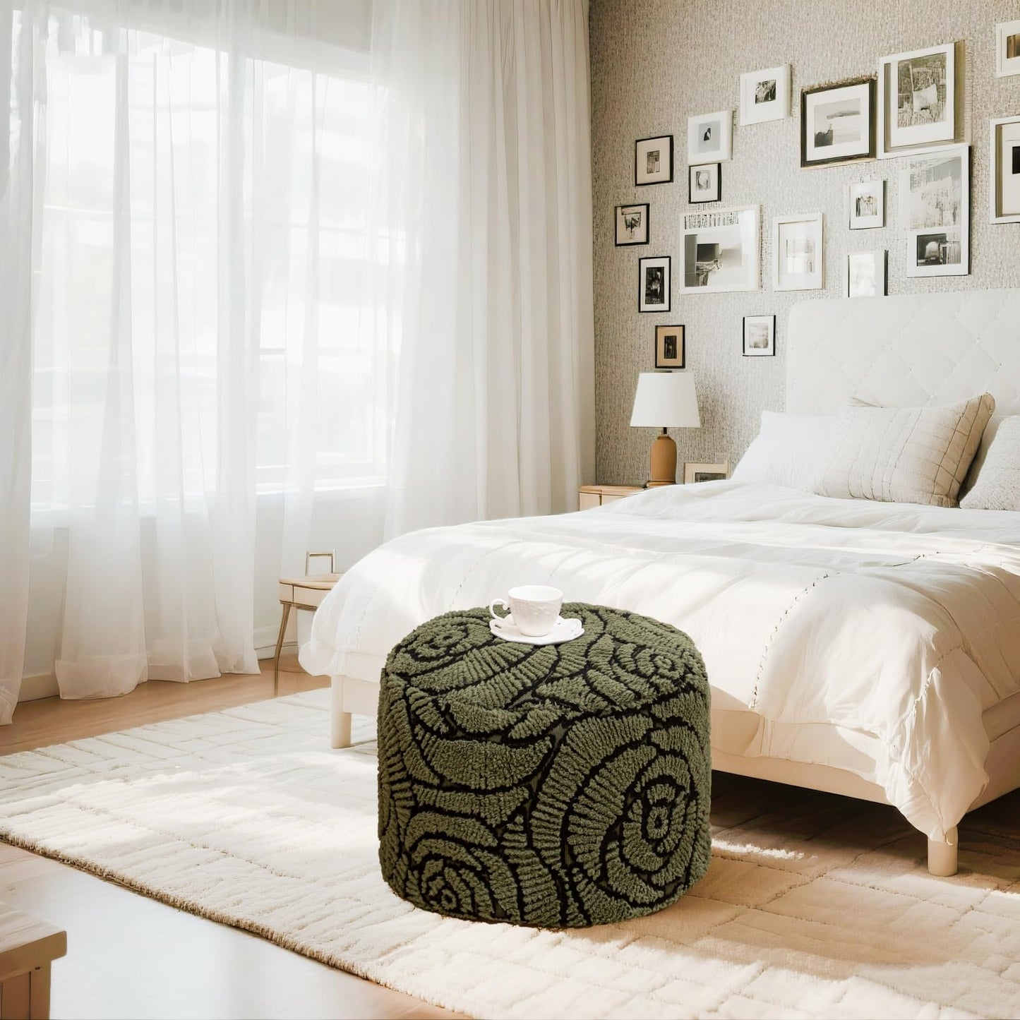 Asuprui Fluffy Flower Pouf Ottoman Cover Only – 20"x14" Round Plush Fuzzy Pouf Shell for Footrest, Stool or Floor Seat, Soft Removable Home Decor (No Insert Included) (Green)