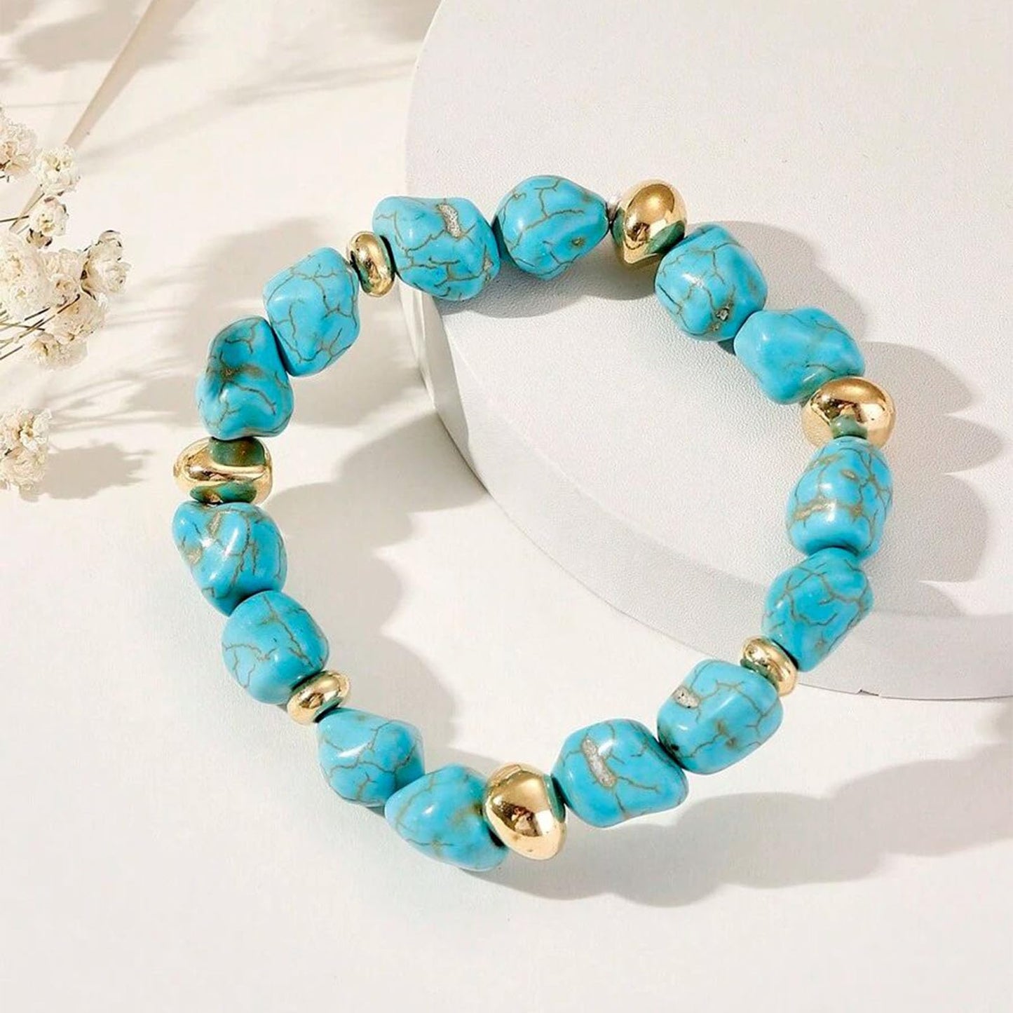 VIEKYBUTTY Blue Irregular Tumbled Turquoise Stone Bracelet, Gold Metal Accent Pulseras para Mujer Boho Jewelry for Women Daily Wear Women Bracelets Healing Energy Accessory