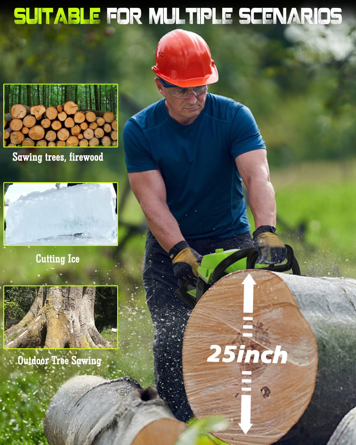 Snoonwee Gas Powered Chainsaw with 20 and 18 Inch Bar Dual System, 58cc 3.6 HP Professional 2-Stroke Engine, Easy Start and Anti-Vibration for Farm Ranch or Heavy Duty Wood Cutting (Green Black)