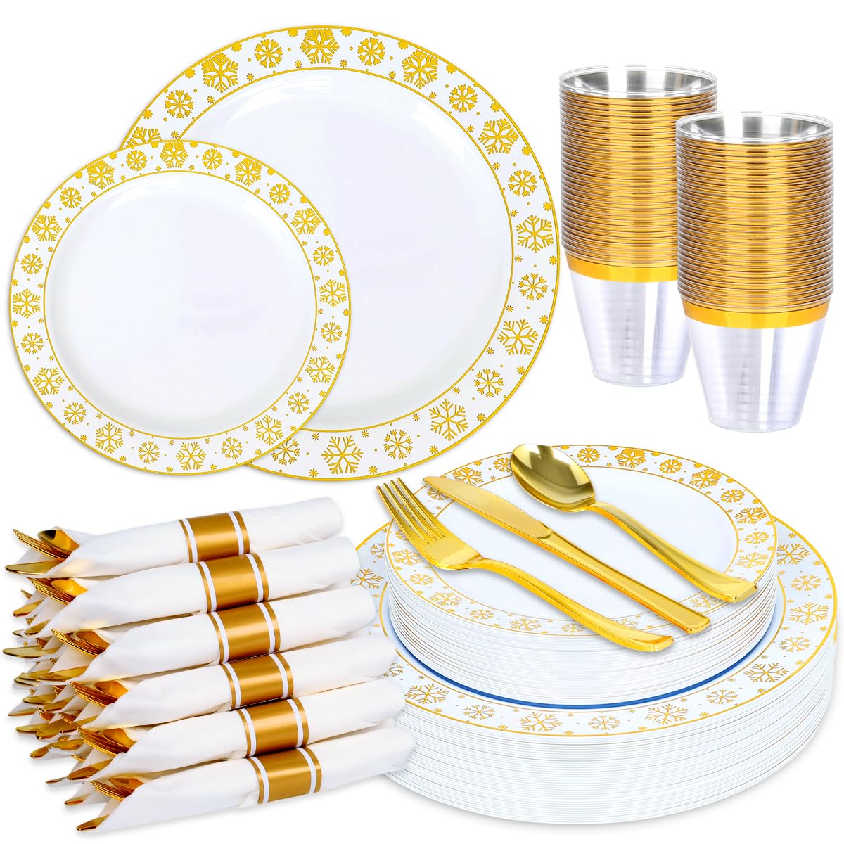 175 Pcs Christmas Plastic Plates Dinnerware Set Disposable Winter Snowflake Plates Include Plate,Gold Cups,Pre Pre Rolled Napkins with Gold Plastic Silverware for Holiday Winter Party (25 Guests)