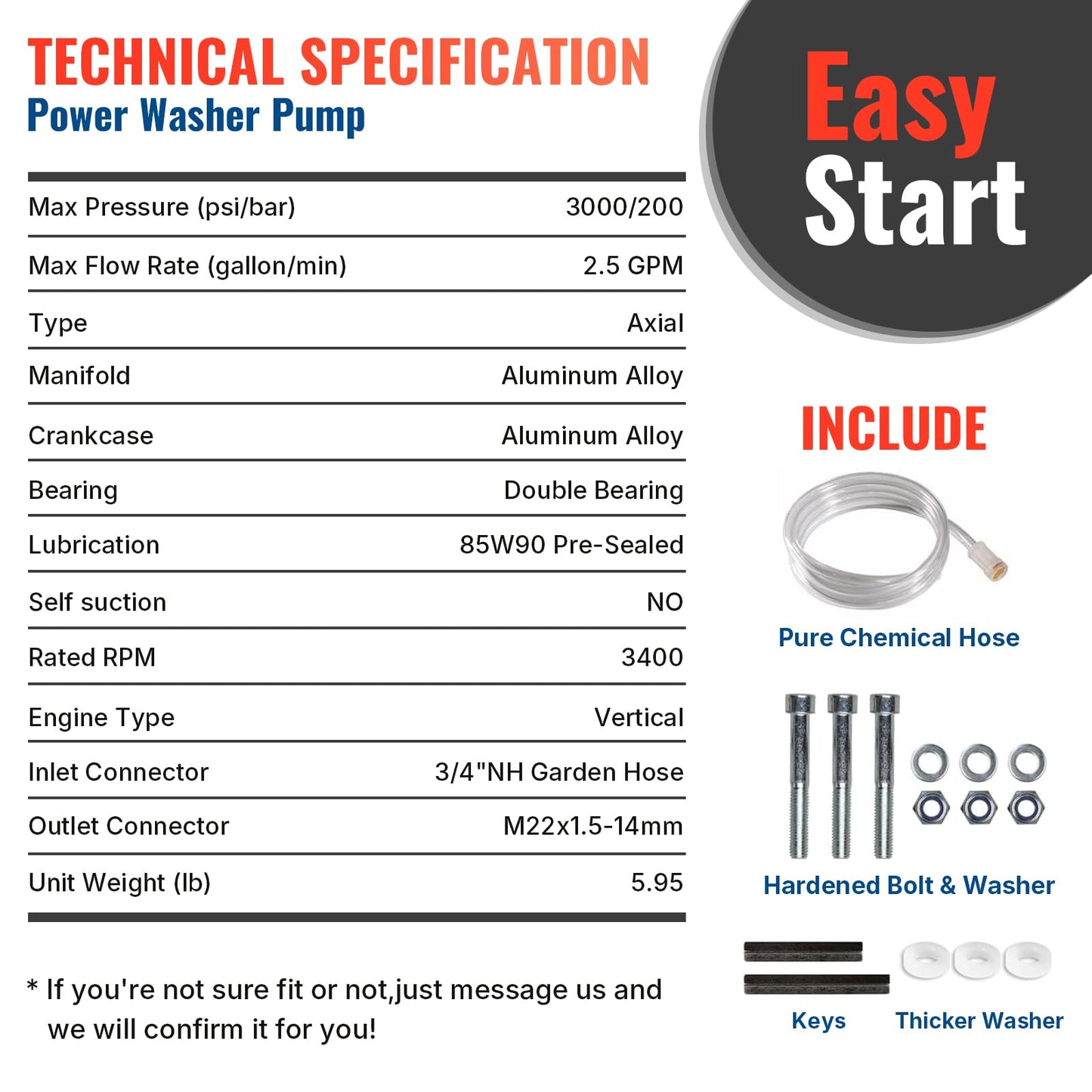 YAMATIC 7/8" Shaft Vertical Pressure Washer Pump Rear Inlet/Outlet 3000 PSI @ 2.5 GPM Replacement Pump for Power Washers, Compatible with 308653045, 308653052, 308653078, GCV190 and more