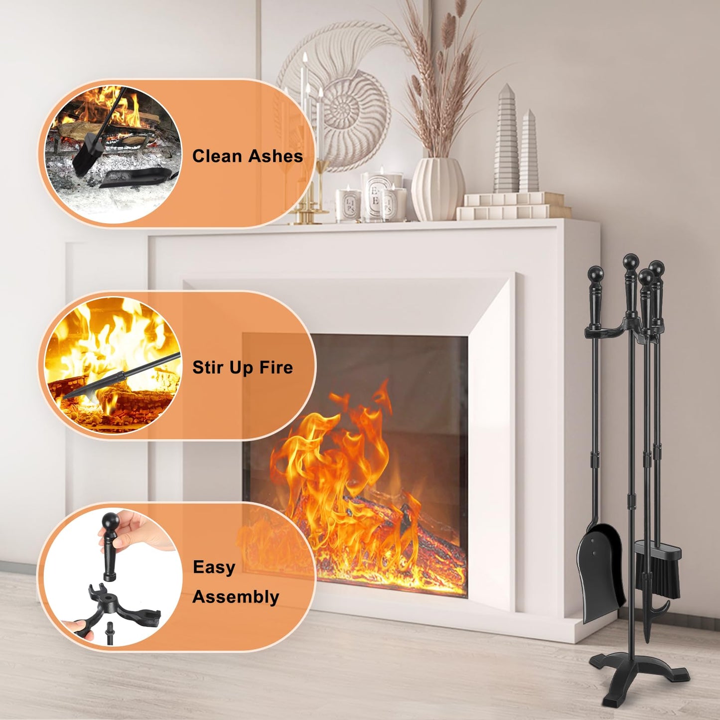 Gtongoko Fireplace Tools Set 4 Pcs 30 Inch Black Wrought Iron Large Fire Tool Set for Outdoor/Indoor Include Chimney Poker, Antique Shovel, Rustic Brush and Stand Accessories Set