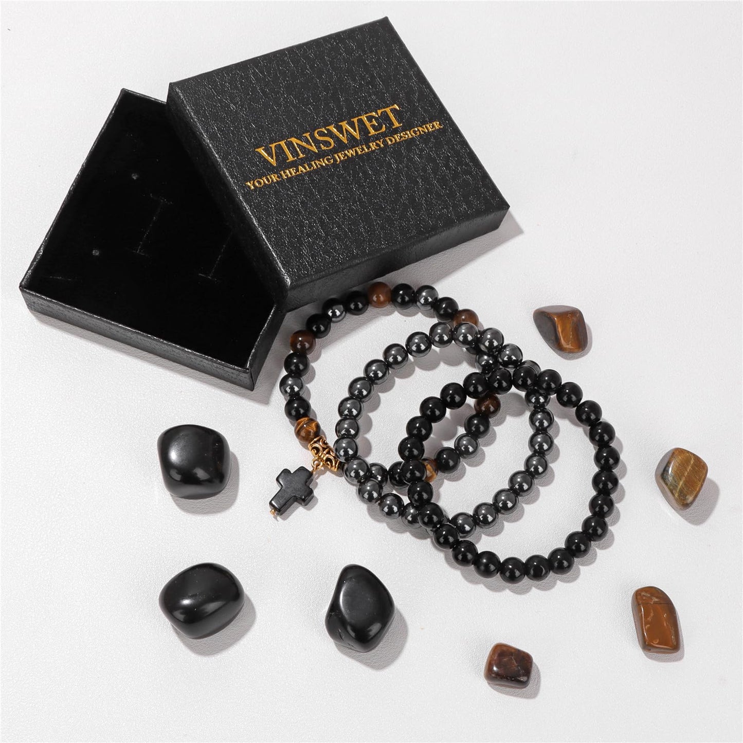 Vinswet Healing Crystal Beaded Bracelets for Women,Natural Tiger Eye Hematite Obsidian Triple Protection Bracelet,Anxiety Stress Relief Heart Charm Bracelet HandmadeJewelry Gifts for Women (3pcs)