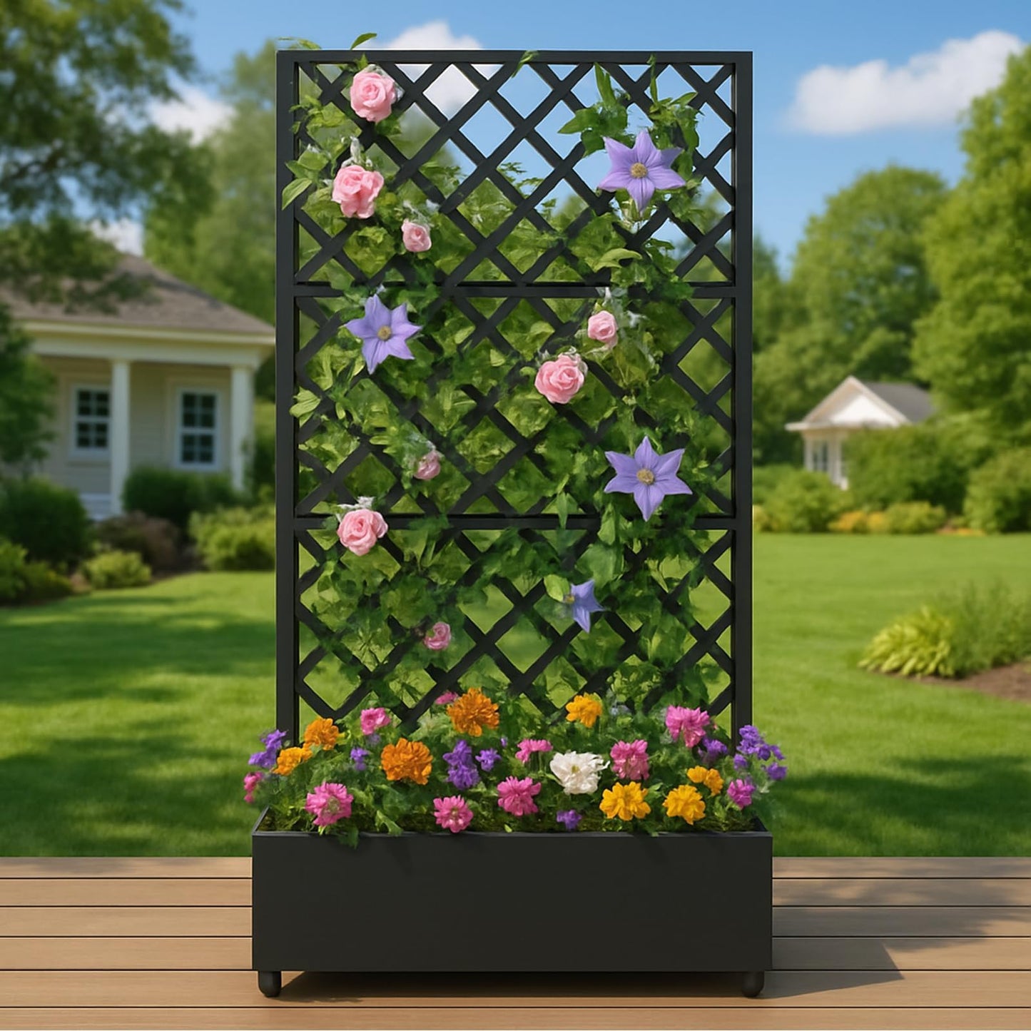 GarveeLife Metal Planter Box, with Diamond Lattice Trellis Planter Box, for Climbing Plants and Vines, Galvanized Raised Garden Bed on Wheels, Garden Bed with Trellis(72"x35" Black)
