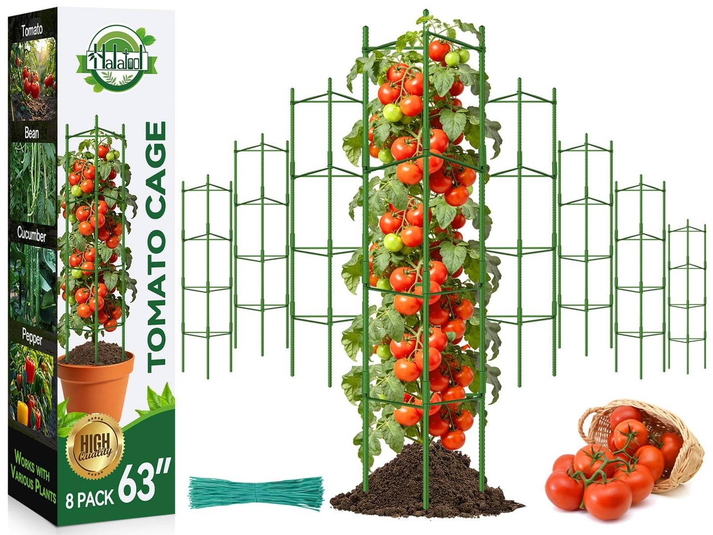 Halatool 63 Inch Tall Tomato Cage 8 Pack, Adjustable Tomato Cages for Garden, Garden Stakes Tomatoe Trellis for Pots, Tomatoes Plant Support for Raised Garden Bed & Vegetables Flowers