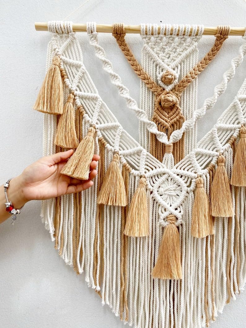 Boho Macrame Wall Hanging & Wall Decor, Cotton Handmade Tapestry with Tassel, Woven Macrame Wall Art for Decorating Bedroom Living Room Apartment Nursery (Brown)