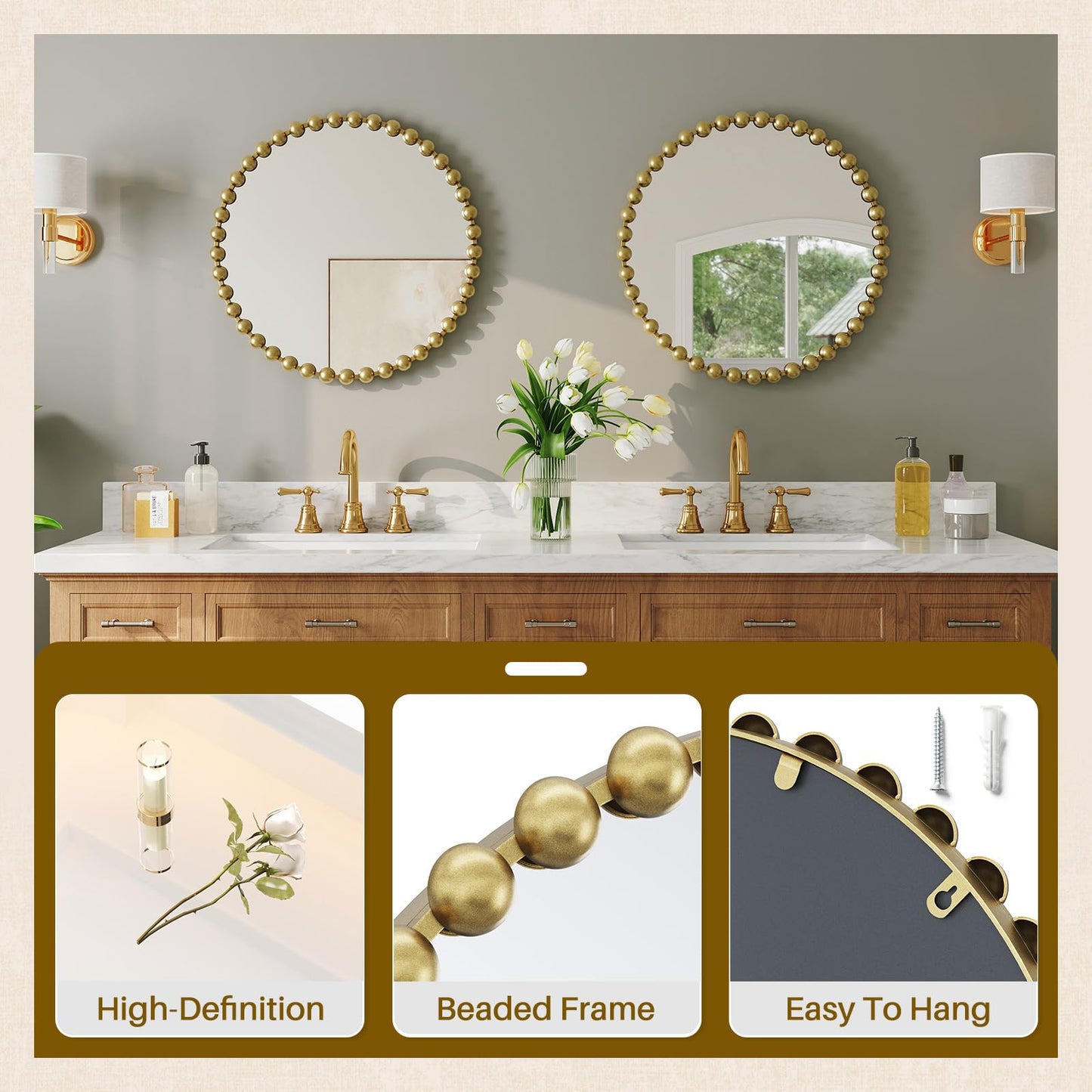 PERHOM Wall Mirror Decor Modern - Round Gold Large Beaded Mirror Decor,Circle Wall Mirror for Hallway,Bathroom,Living Room,Dining Room,Badroom,Entryway,27'' Metal Framed