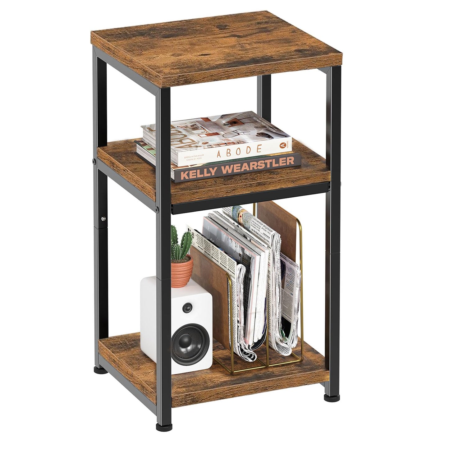 Simple Trending 3 Tier Side Table, End Table Night Stand Sofa Table Shelf for Living Room, Rustic Brown