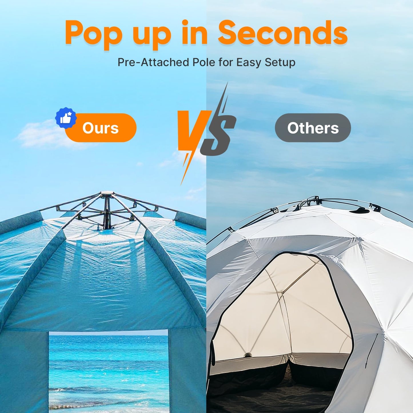 Golabs BT1 Pop up Beach Tent Sun Shelter for 3-Person, 1-Minute Setup by Pre-Attached Pole & UPF 50+, Beach Shade with Detachable Floor Mat, Mesh for Clear View & Airflow, only 7 lbs & Pocket and Hook