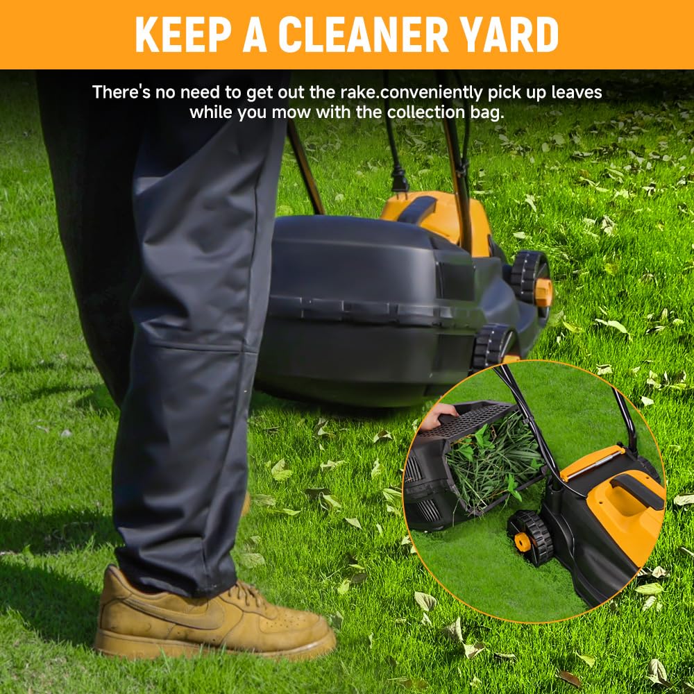 Hoteche 10-Amp Corded Electric Lawn Mower - 12.6 Inch Cutting Width, 30L Grass Bag, 3 Height Adjustments (1"-2.2"), Lightweight Walk-Behind Mower for Small/Medium Lawns (Easy Push Design)