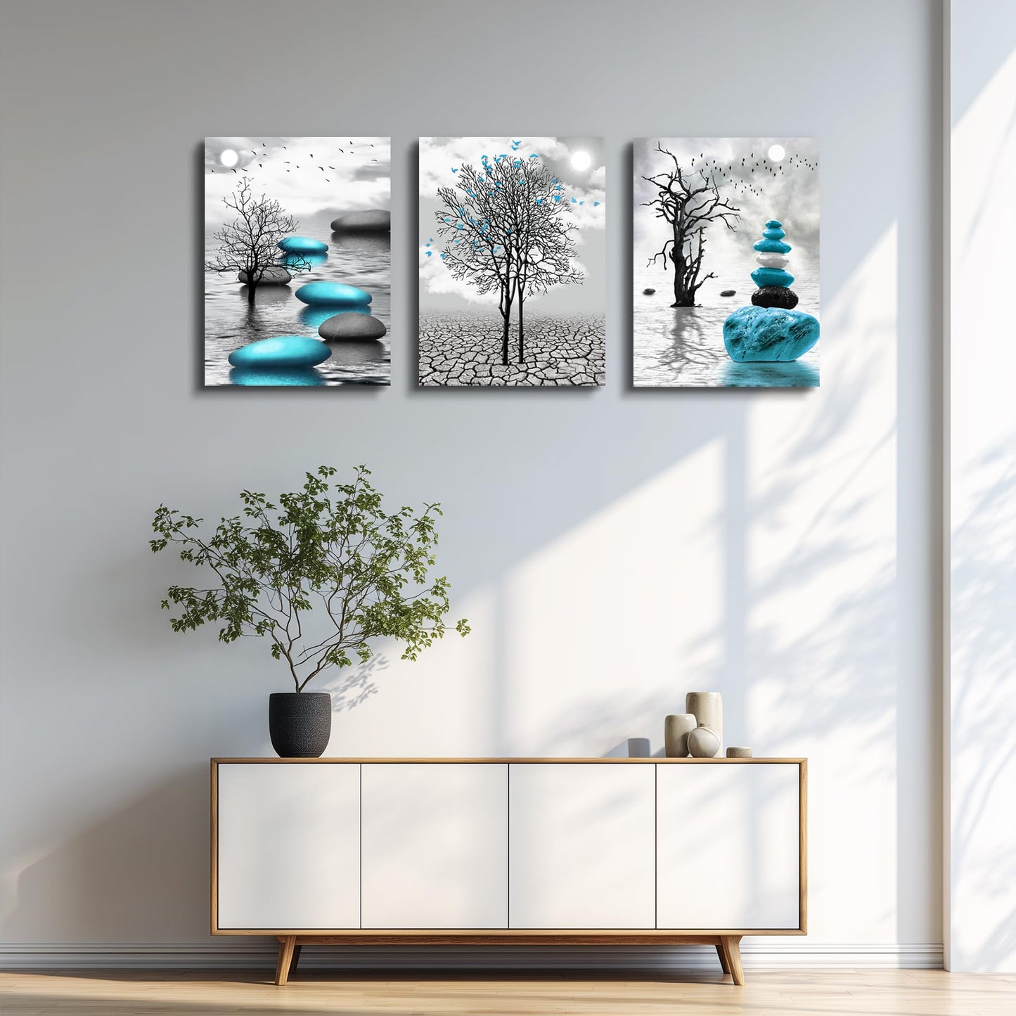 DZRWUBHS Abstract Wall Art for Living Room，3 Piece Modern Canvas Artworks Stones in The Water Zen Wall Decor Minimalist Meditation Picture Painting Prints for Bedroom Bathroom Hallway Home Office