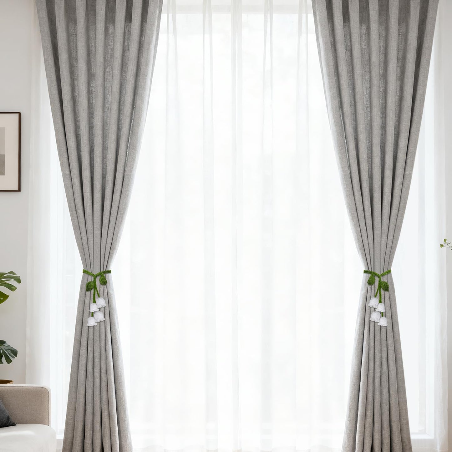 OCIOLI 2 Pack Boho Handmade Flower Curtain Tiebacks Curtain Holdbacks - No Drill Rope Curtain Holder, Drapery Holdback Decorative Pull Backs for Nursery & Bedroom Decor (2, Lily of The Valley)
