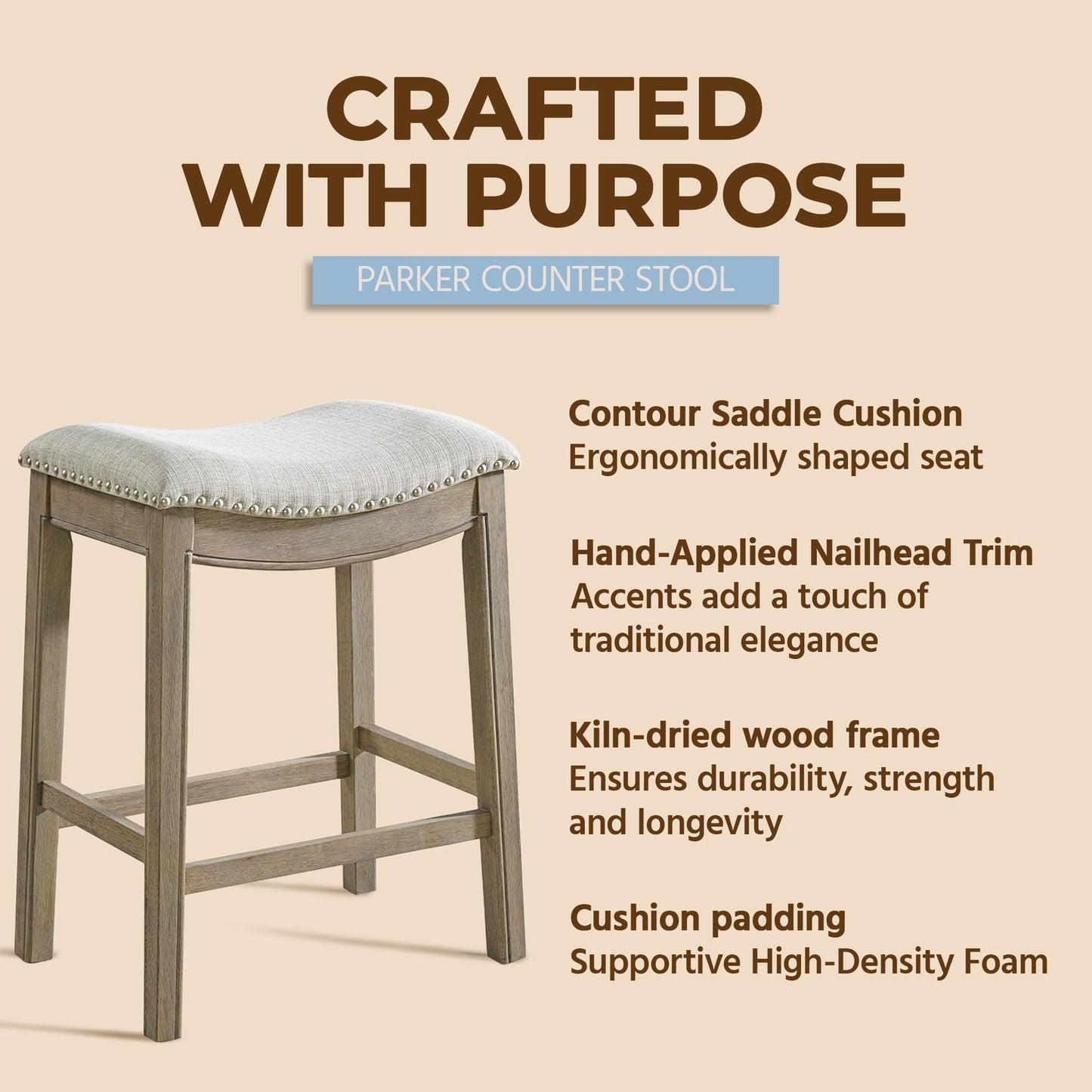 ROME + OAK Parker 26 Inch Counter Stool, Backless Saddle Kitchen Barstool in Reclaimed Oak Finish with Ash Grey Fabric Upholstery Cushion Seat